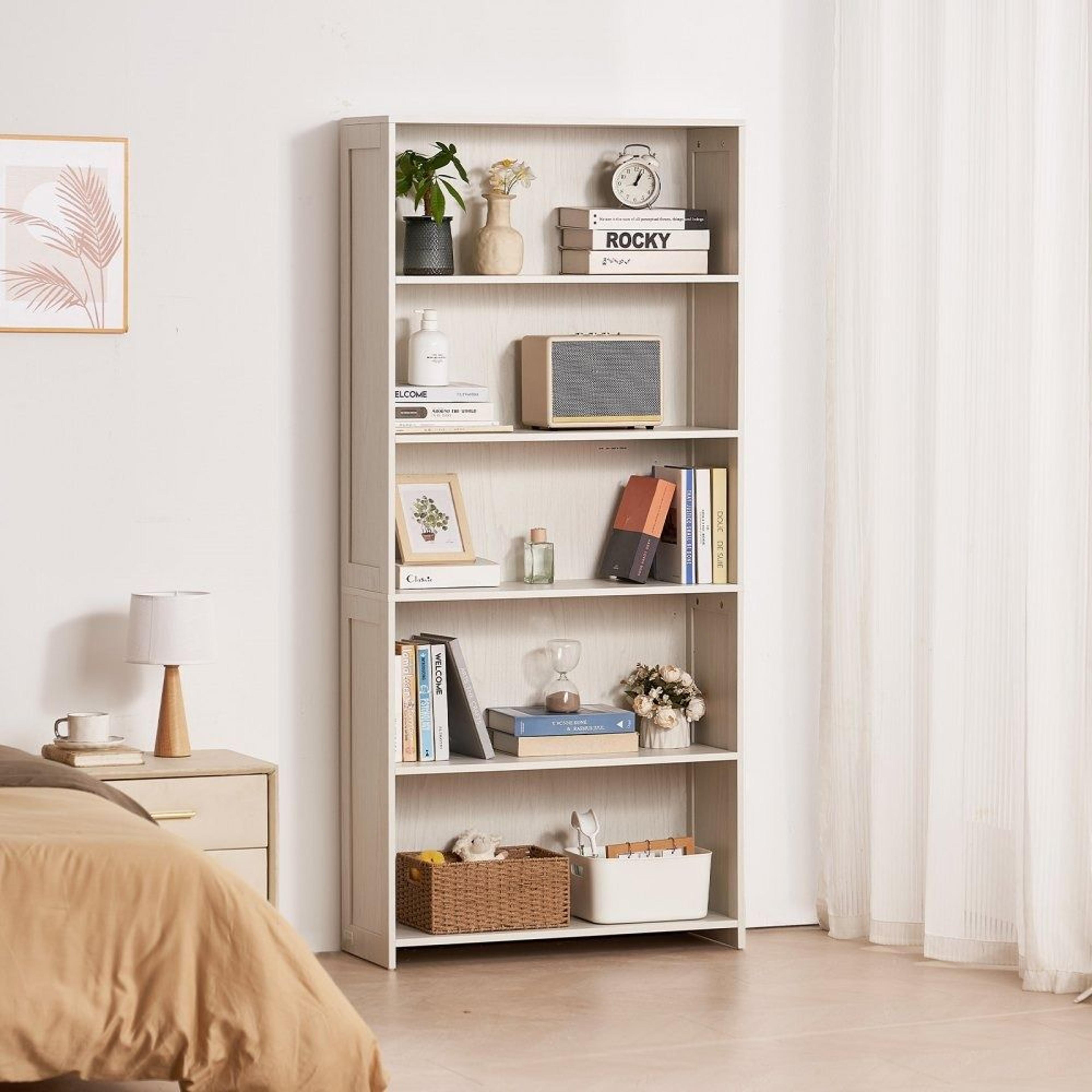 5 Tier Wide Wooden Open Bookshelf Freestanding Tall Display Organizer White 3
