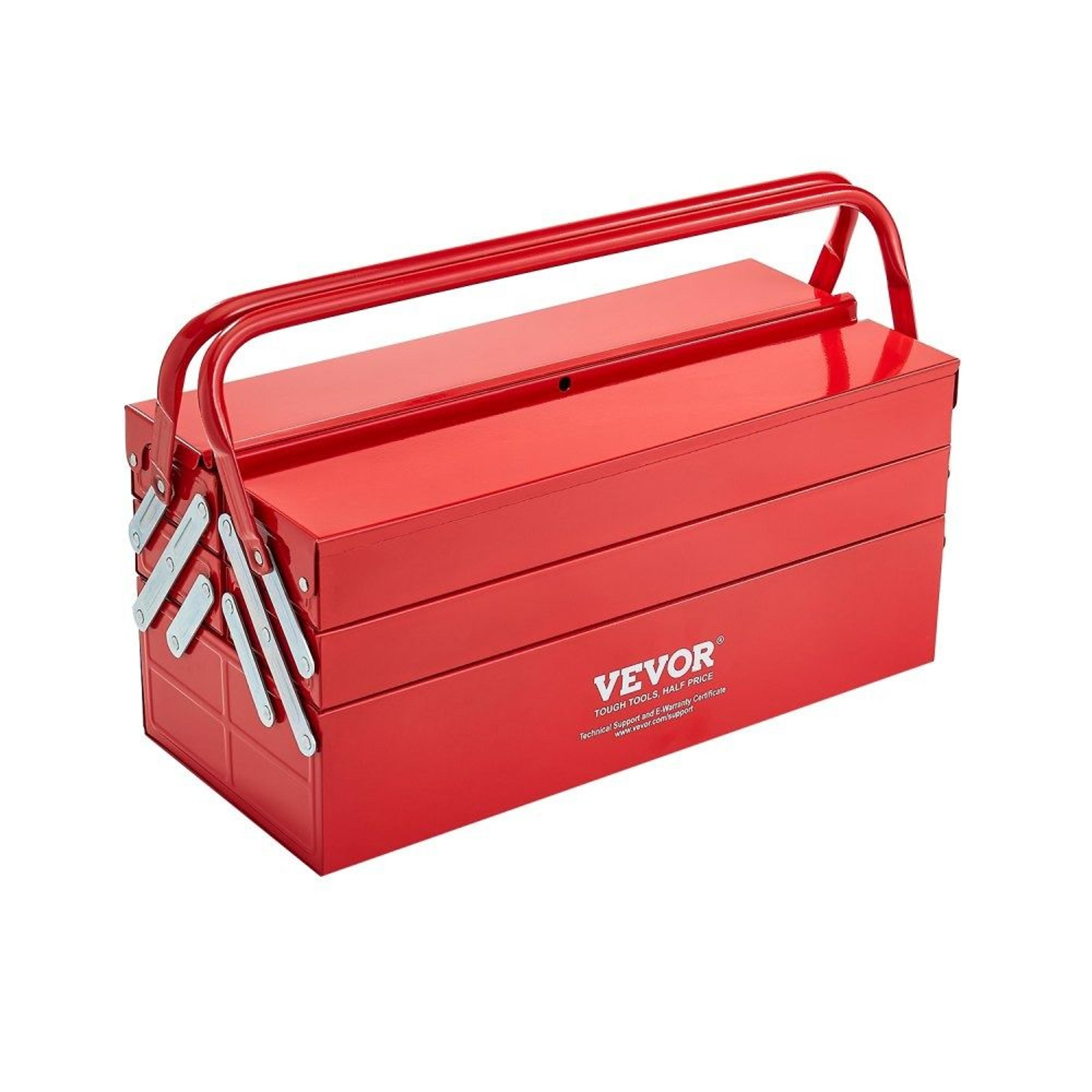 18-inch 3-tier cantilever metal tool box portable folding tool organizer with dual handles and lock hole red