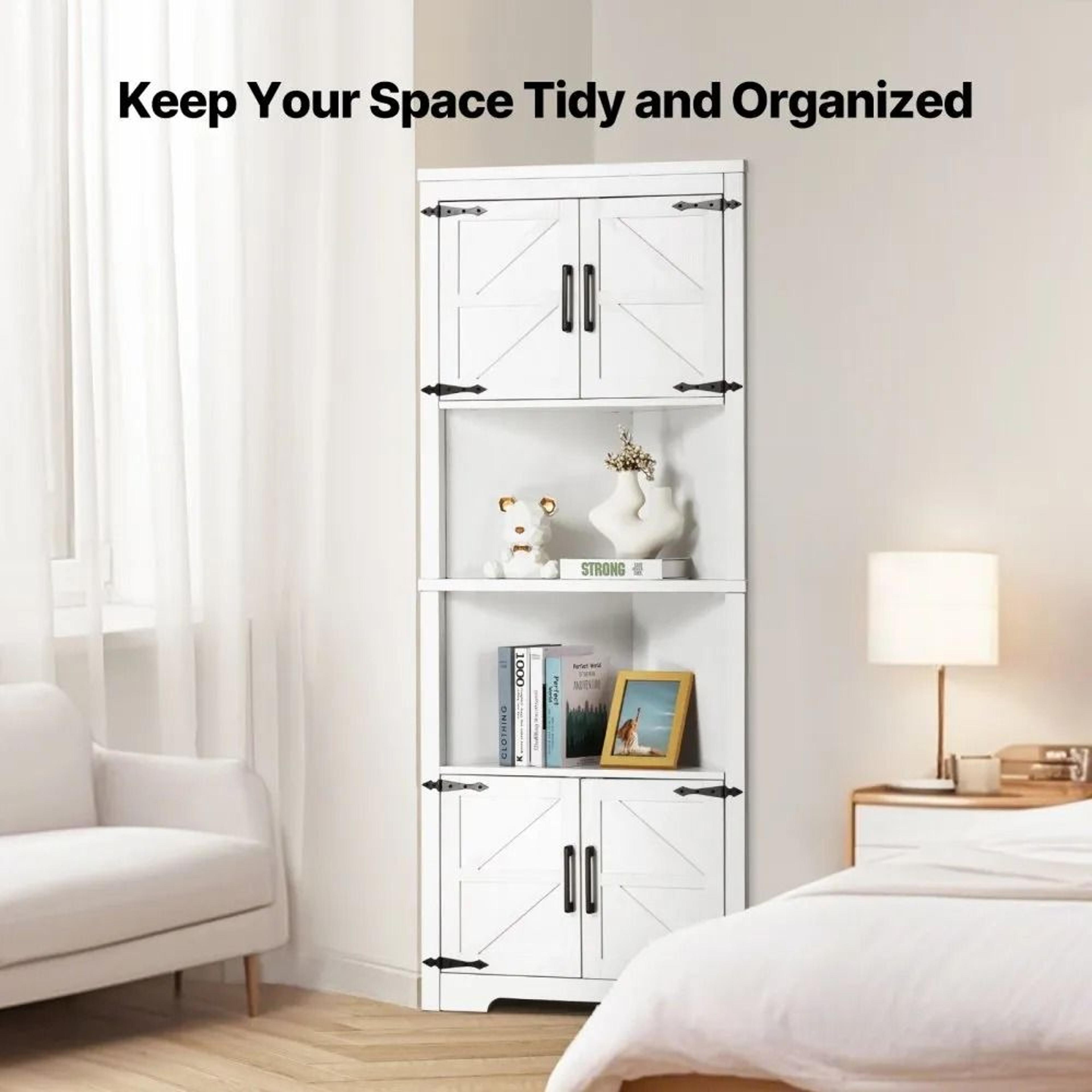 68 Tall 6 Tier Farmhouse Corner Storage Cabinet With 4 Doors And Adjustable Shelves White 3