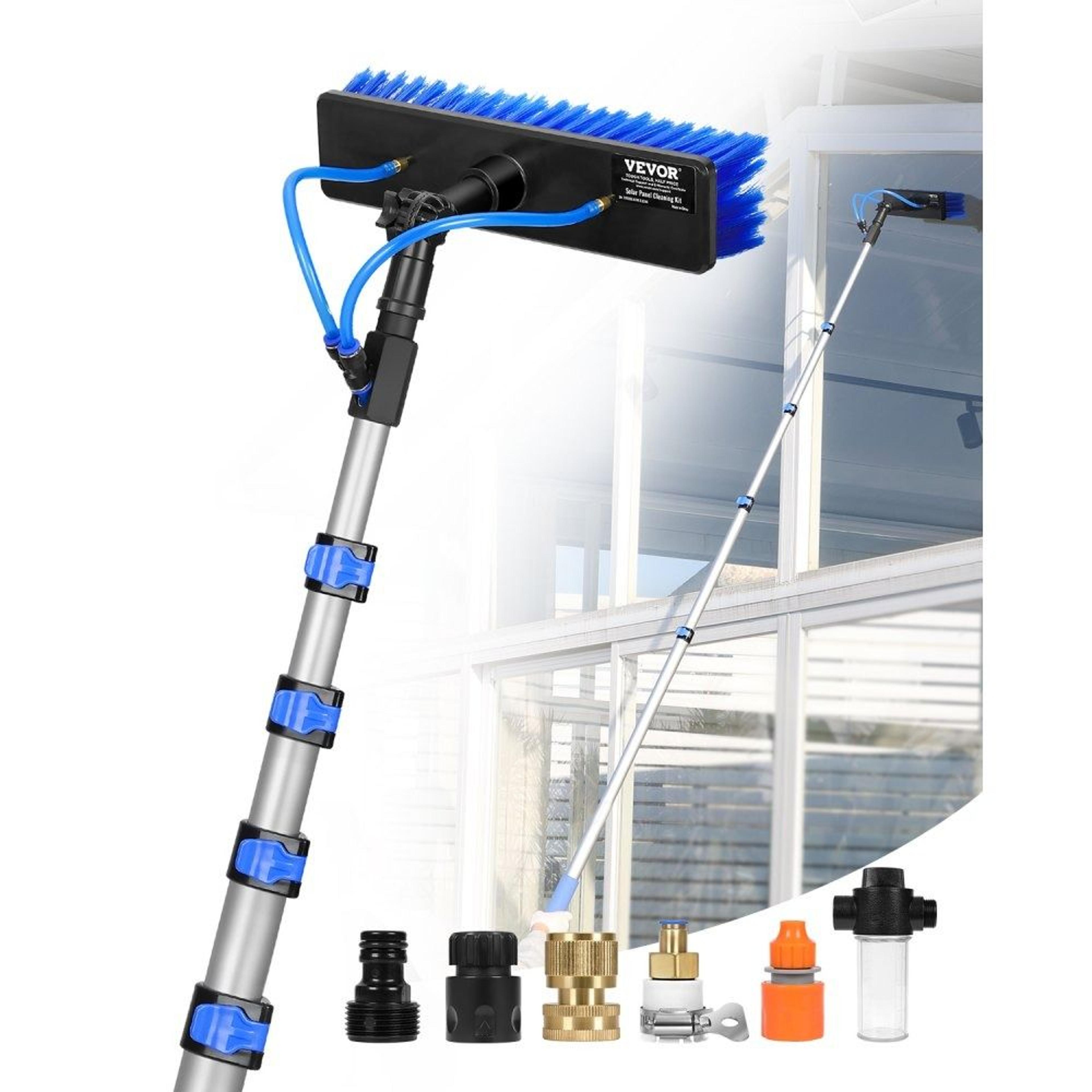 30ft water fed solar panel cleaning pole kit with rotating brush and 65.6ft hose
