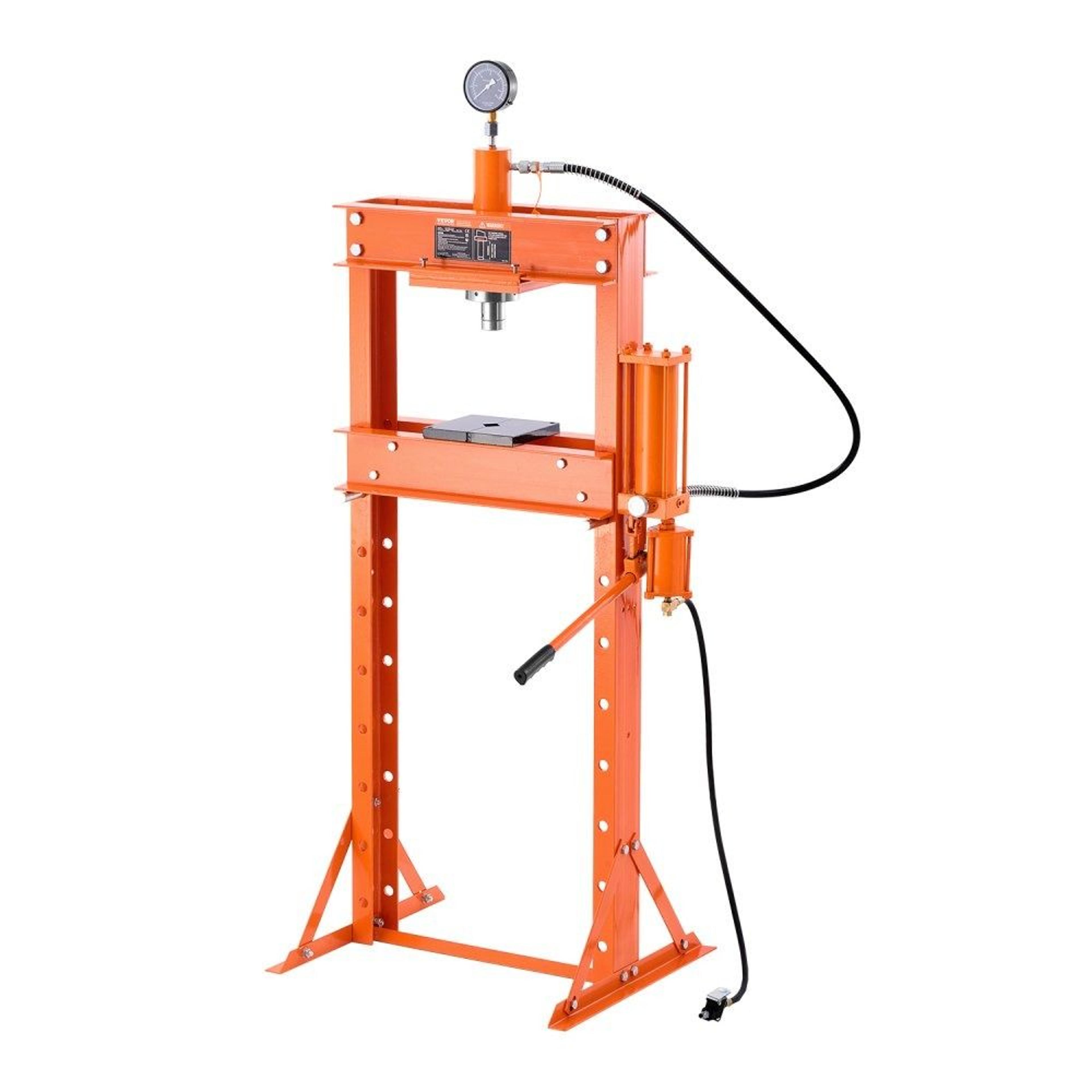 20 ton hydraulic shop press with pneumatic assist and adjustable h-frame