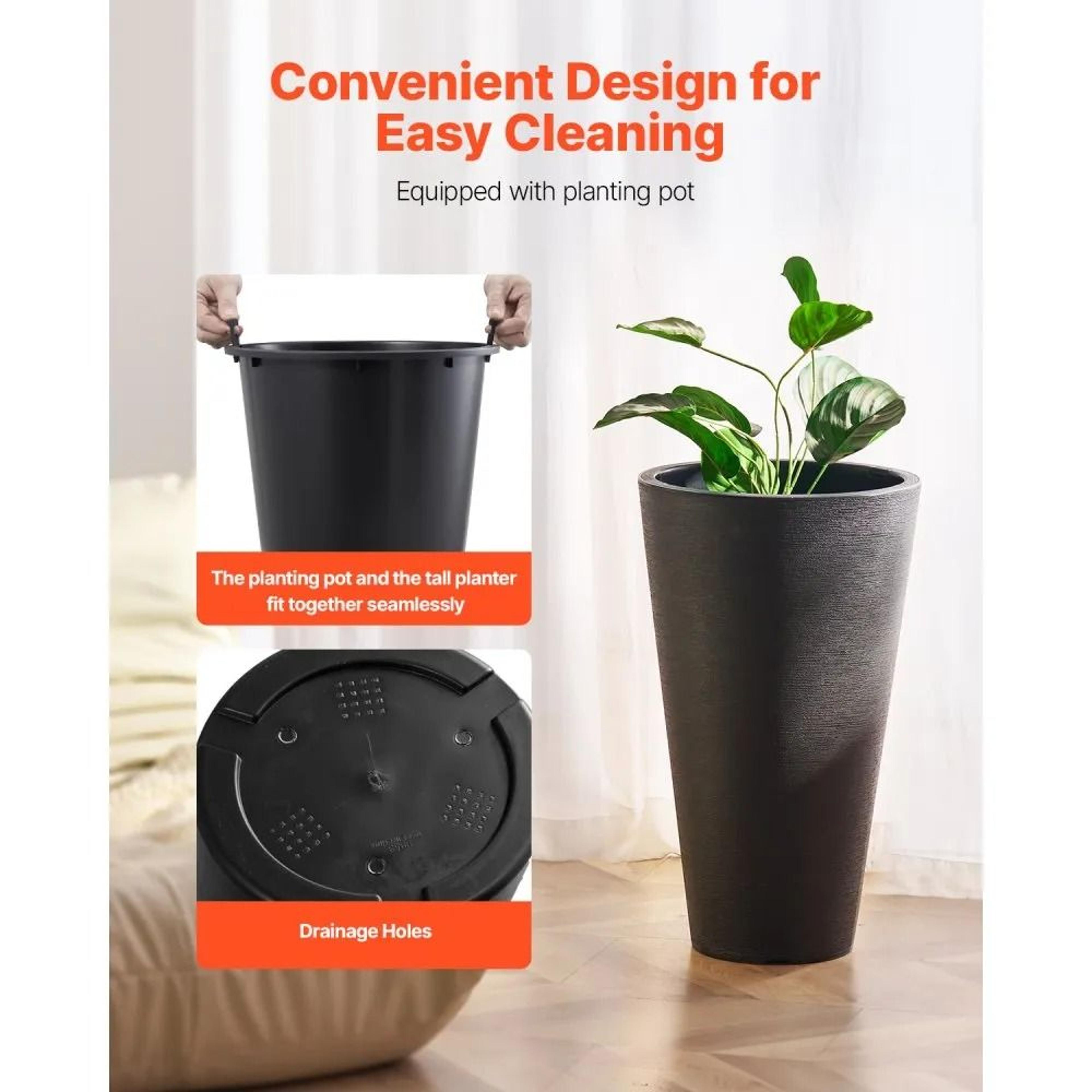 Tall Outdoor Planters Set Of 2  24 Inch Black Tapered Planters With Drainage 1