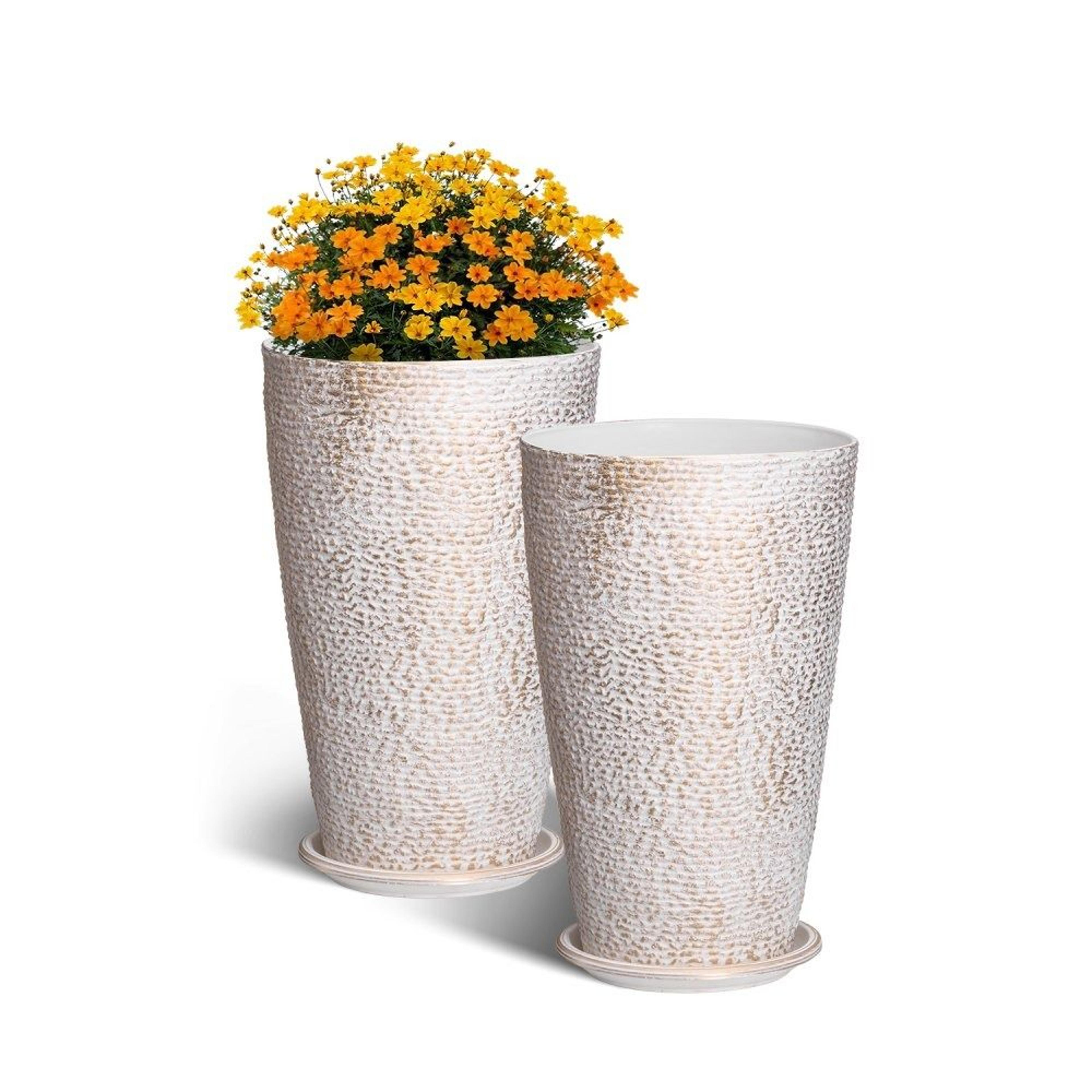set of 2 tall outdoor planters 21 inch round beige pots with gold rim