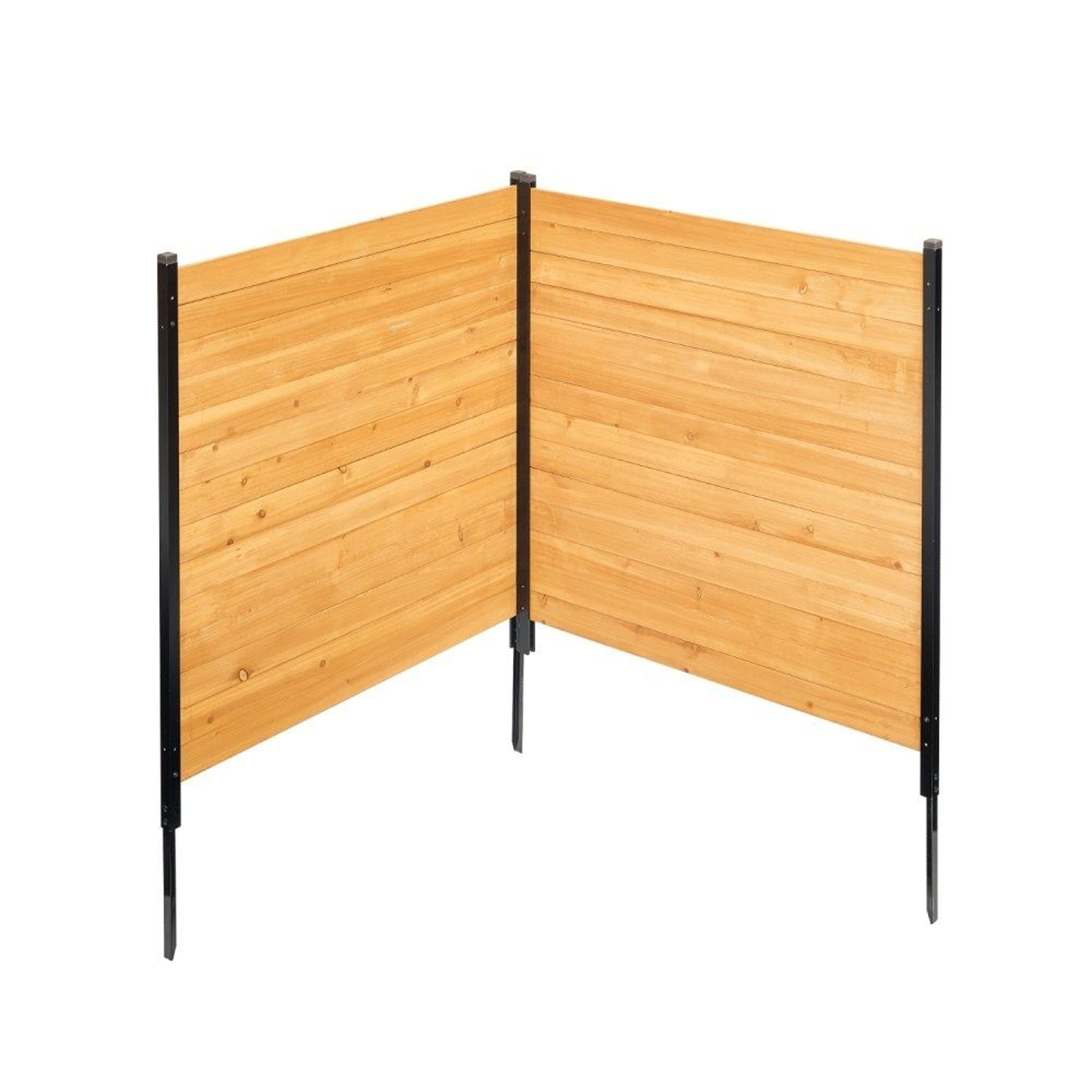 wood privacy fence 2-panel outdoor ac unit and trash can screen with metal stakes