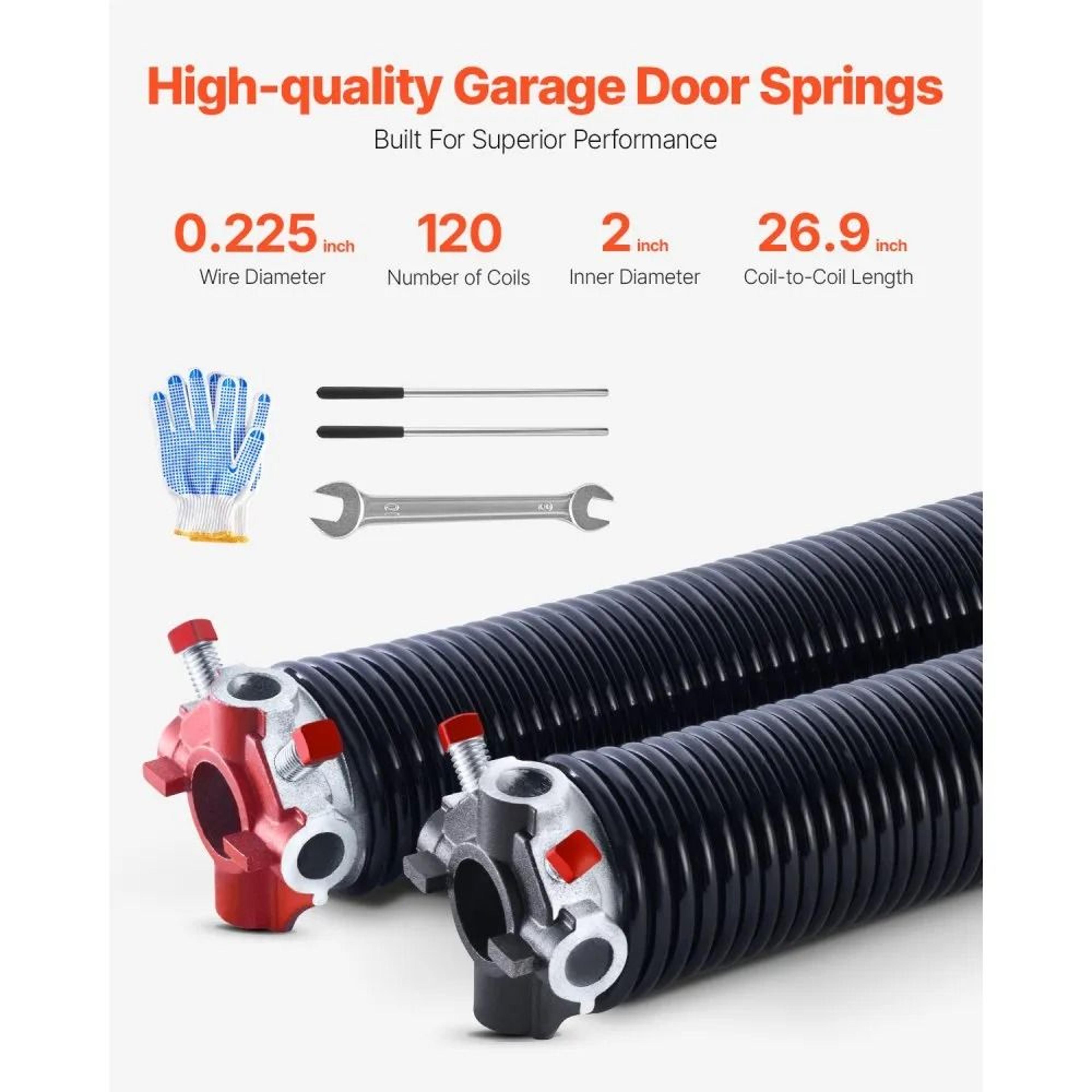 Garage Door Torsion Springs 0225 X 2 X 27 Inch Pair With Winding Bars And Gloves 1