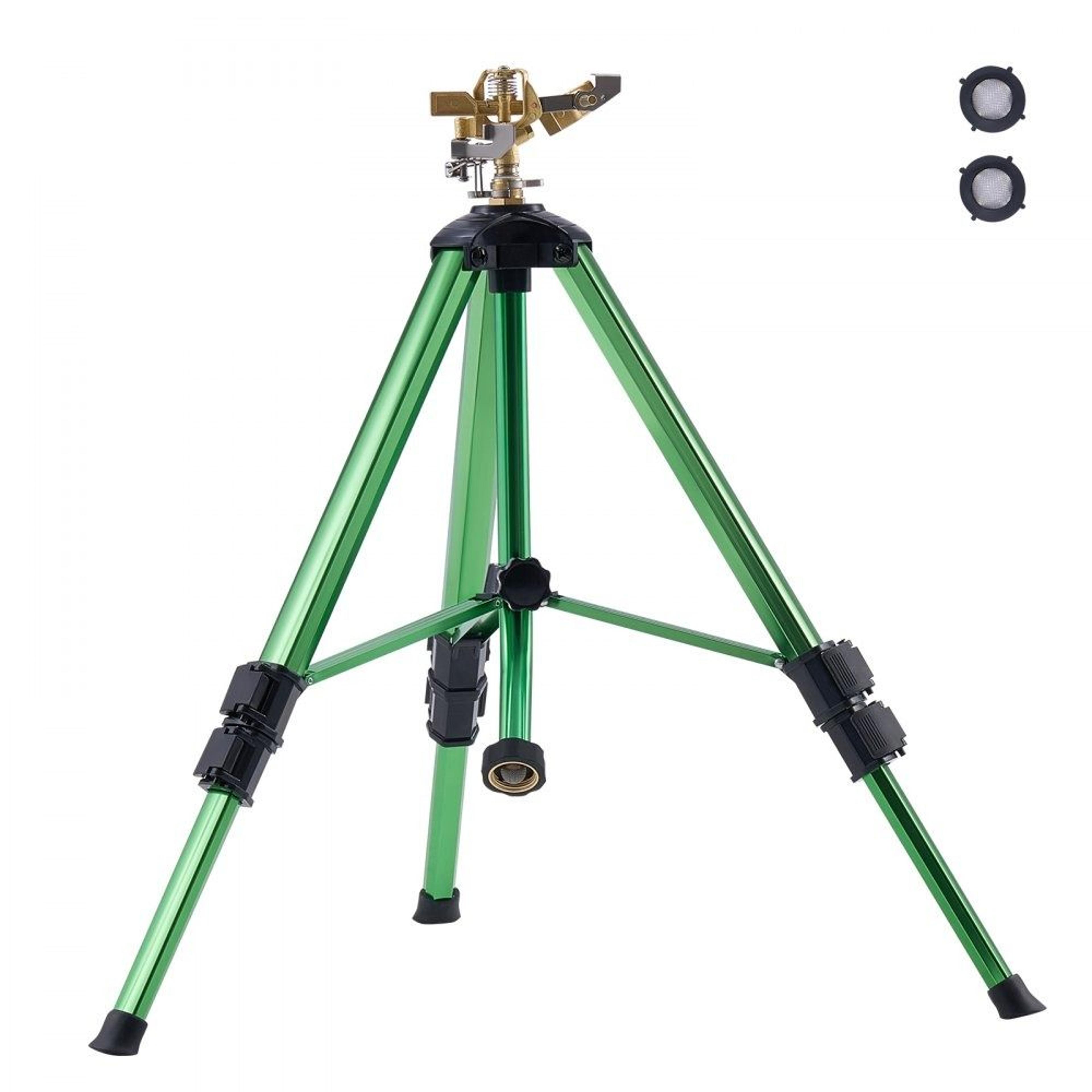 impact sprinkler on tripod base with brass head and 360° adjustable coverage