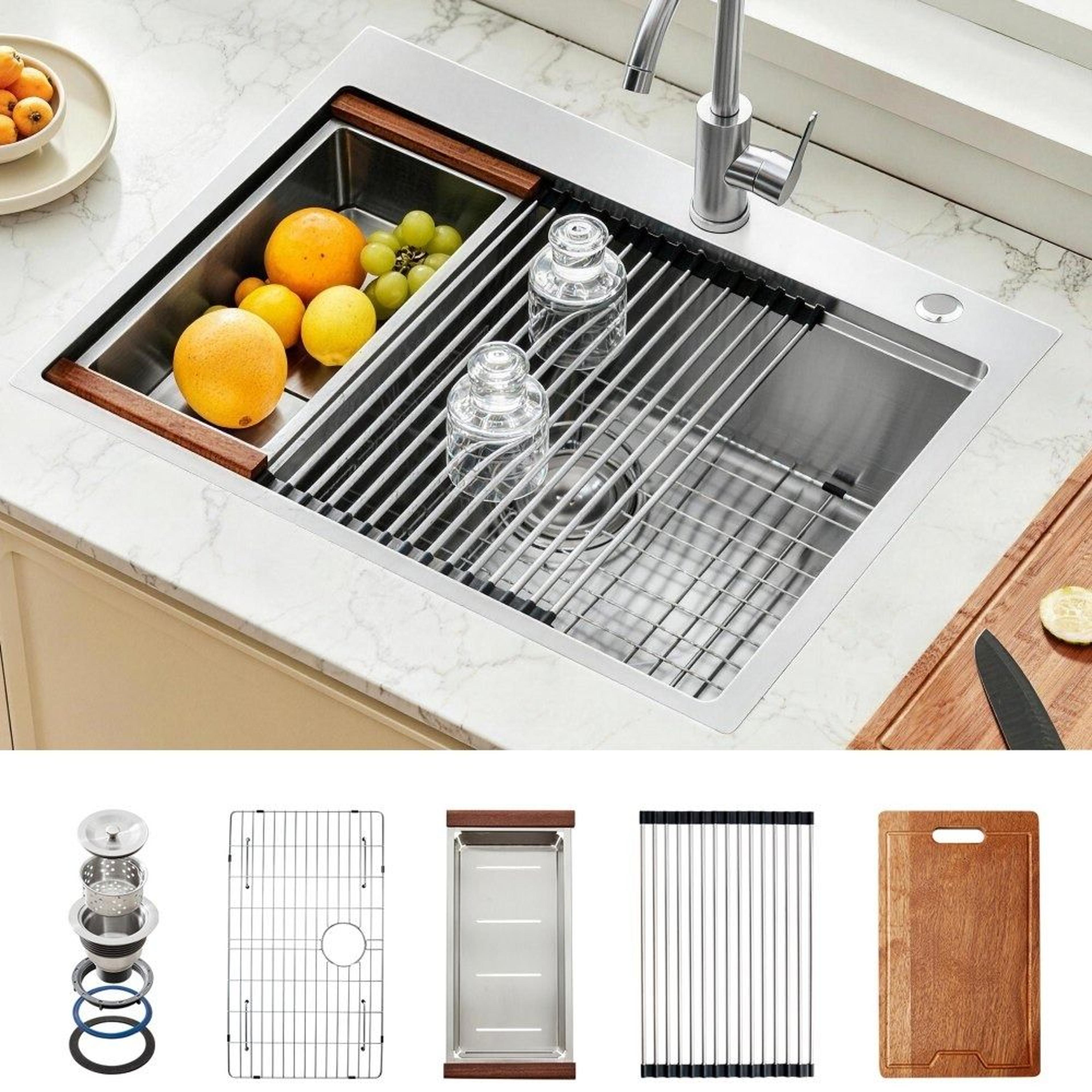 33 inch stainless steel kitchen sink workstation with single bowl and accessories