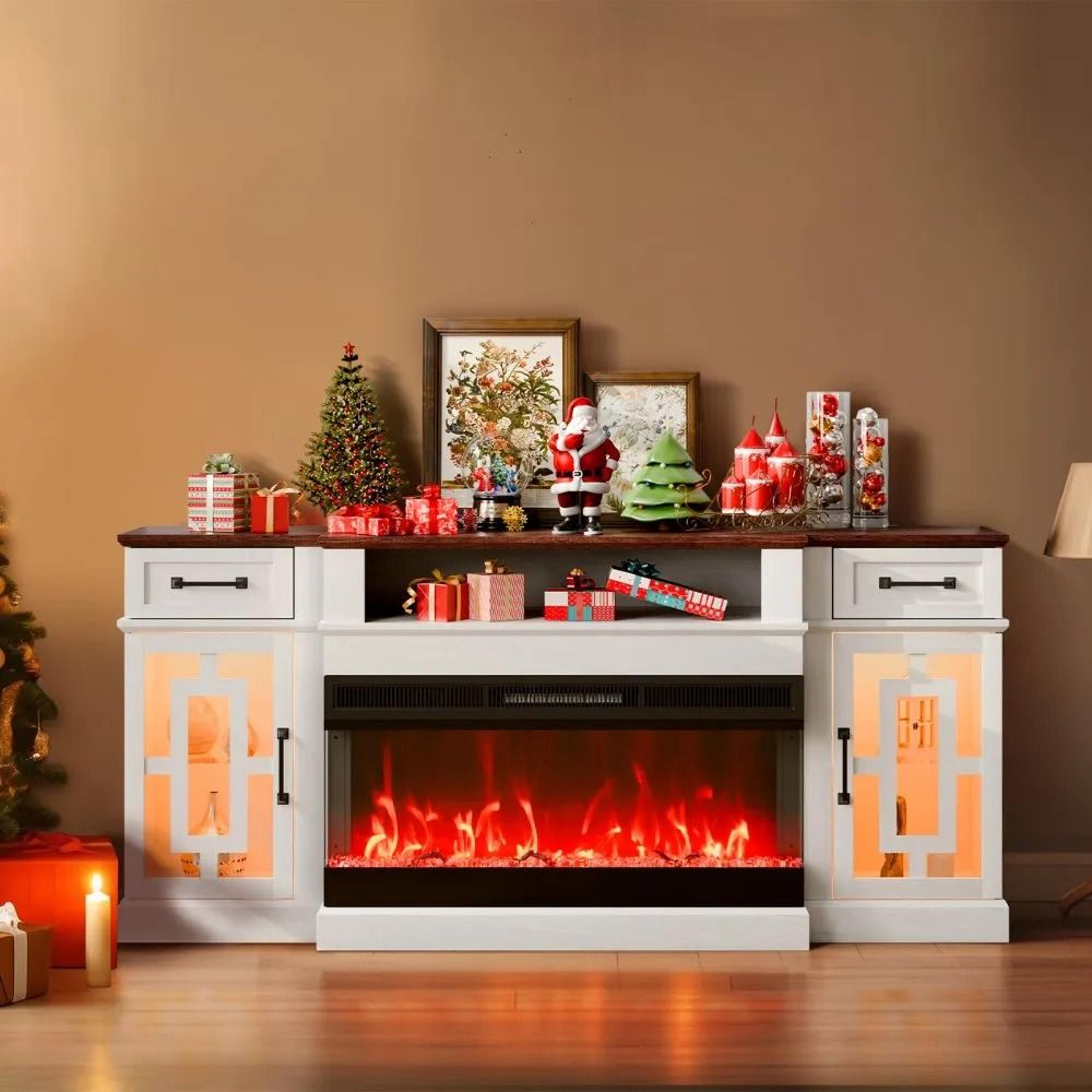 Fireplace TV Stand For 80Inch TVs With 36Inch Electric Fireplace And LED Lights 6