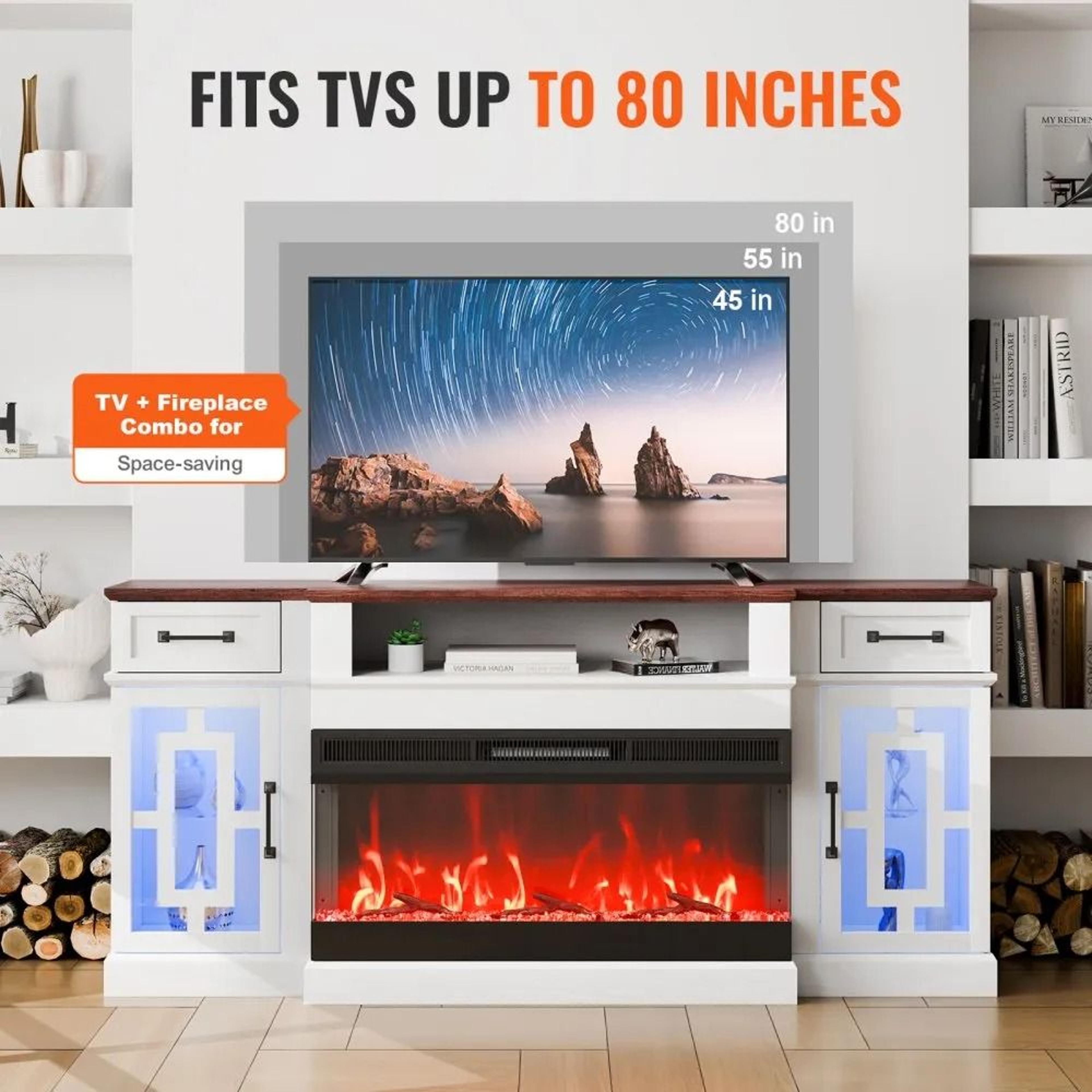 Fireplace TV Stand For 80Inch TVs With 36Inch Electric Fireplace And LED Lights 1
