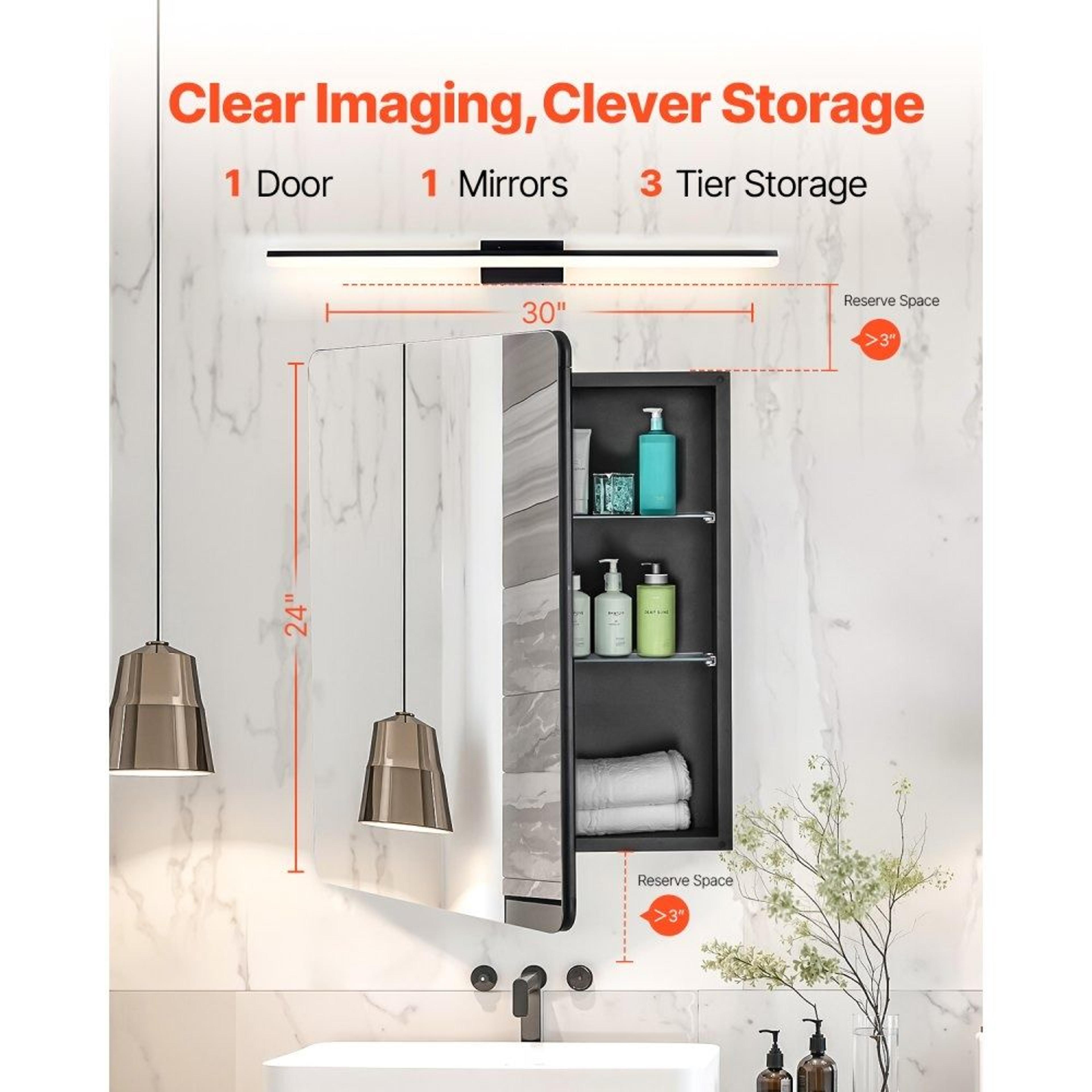 Bathroom Medicine Cabinet With Mirror 24 X 30 Inch And Adjustable Glass Shelves 3