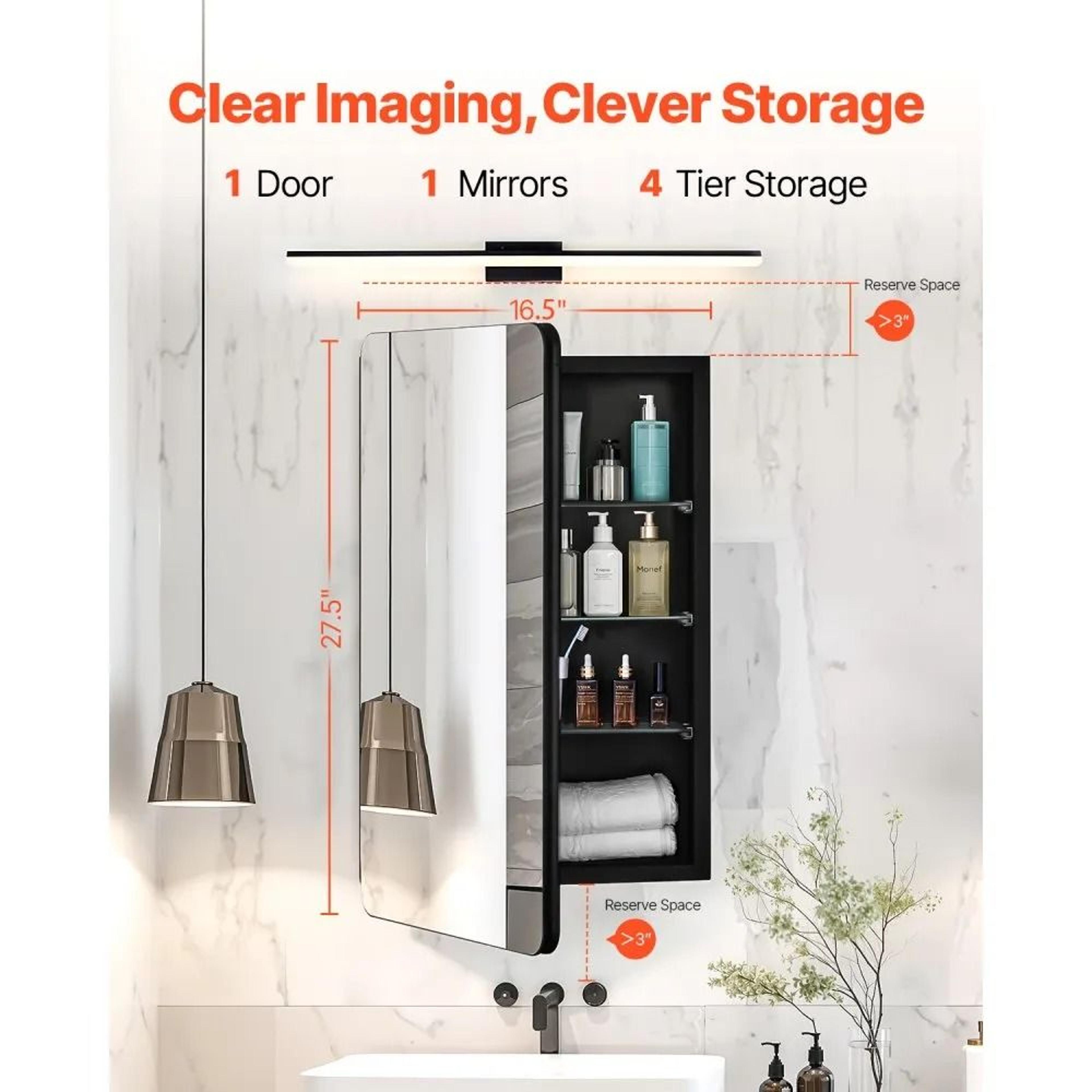 Medicine Cabinet With Mirror 165 X 275 Inch With 3 Adjustable Glass Shelves 1
