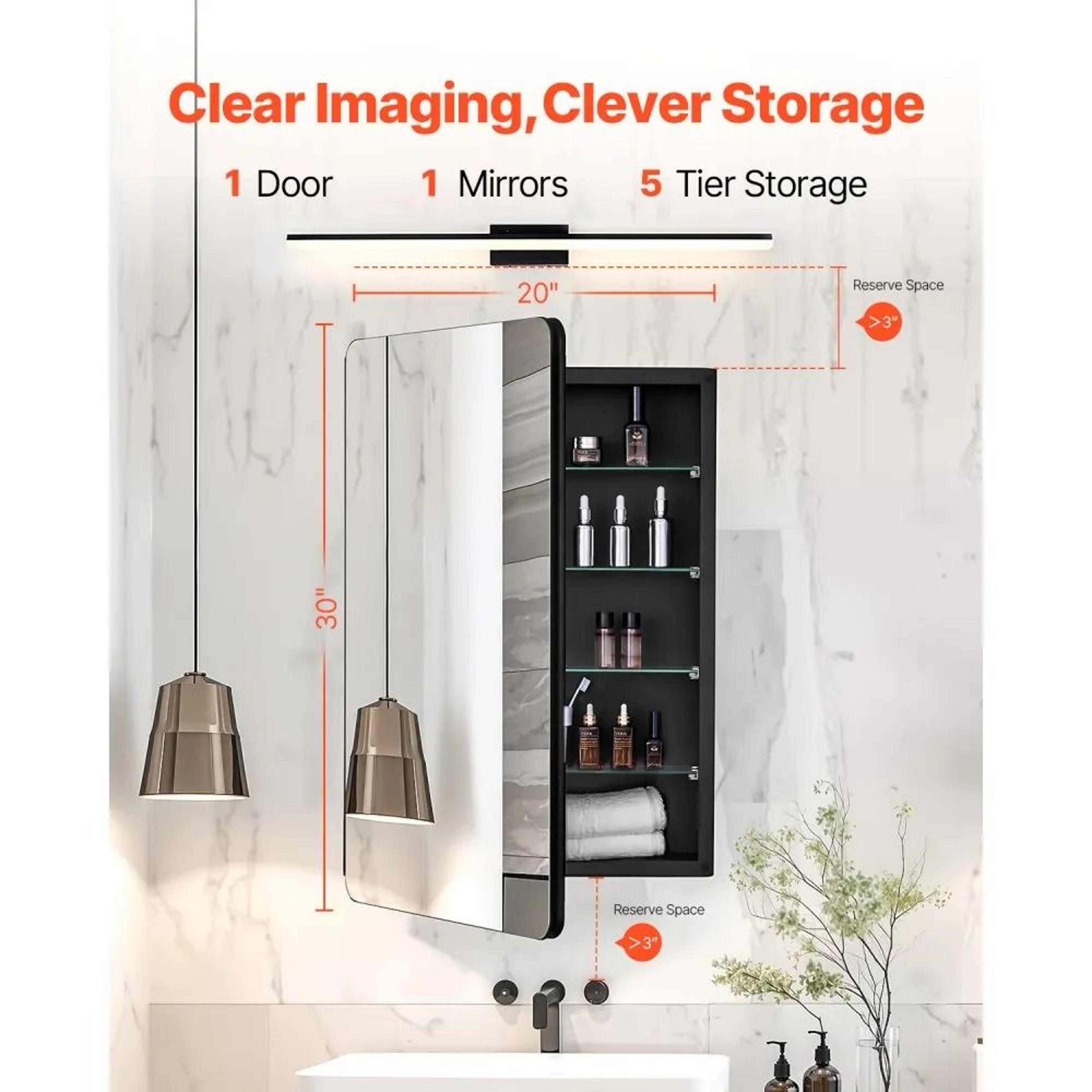 20 X 30 Inch Bathroom Medicine Cabinet With Mirror And 4 Adjustable Glass Shelves 2