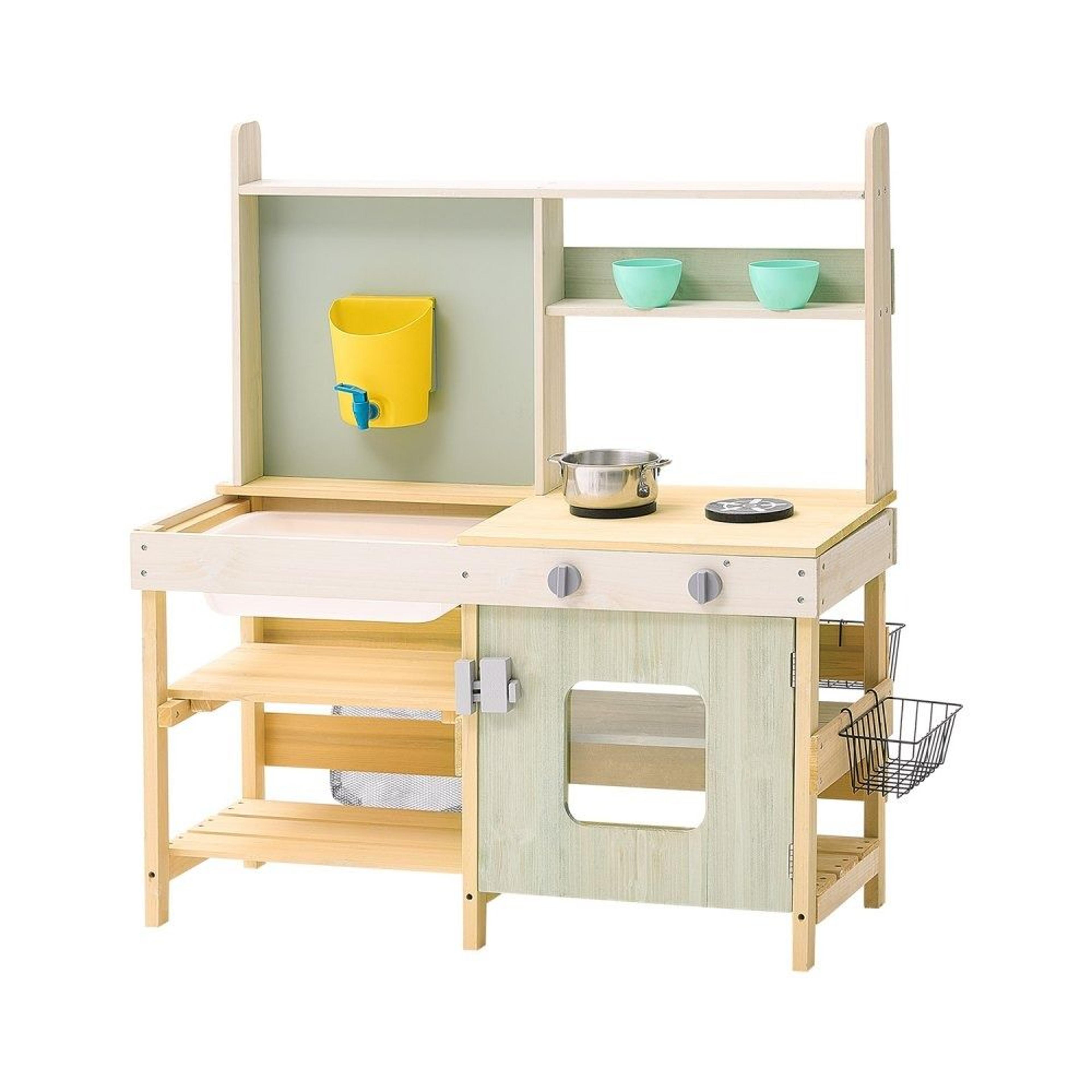 wooden mud kitchen for kids with outdoor pretend play stove and sink