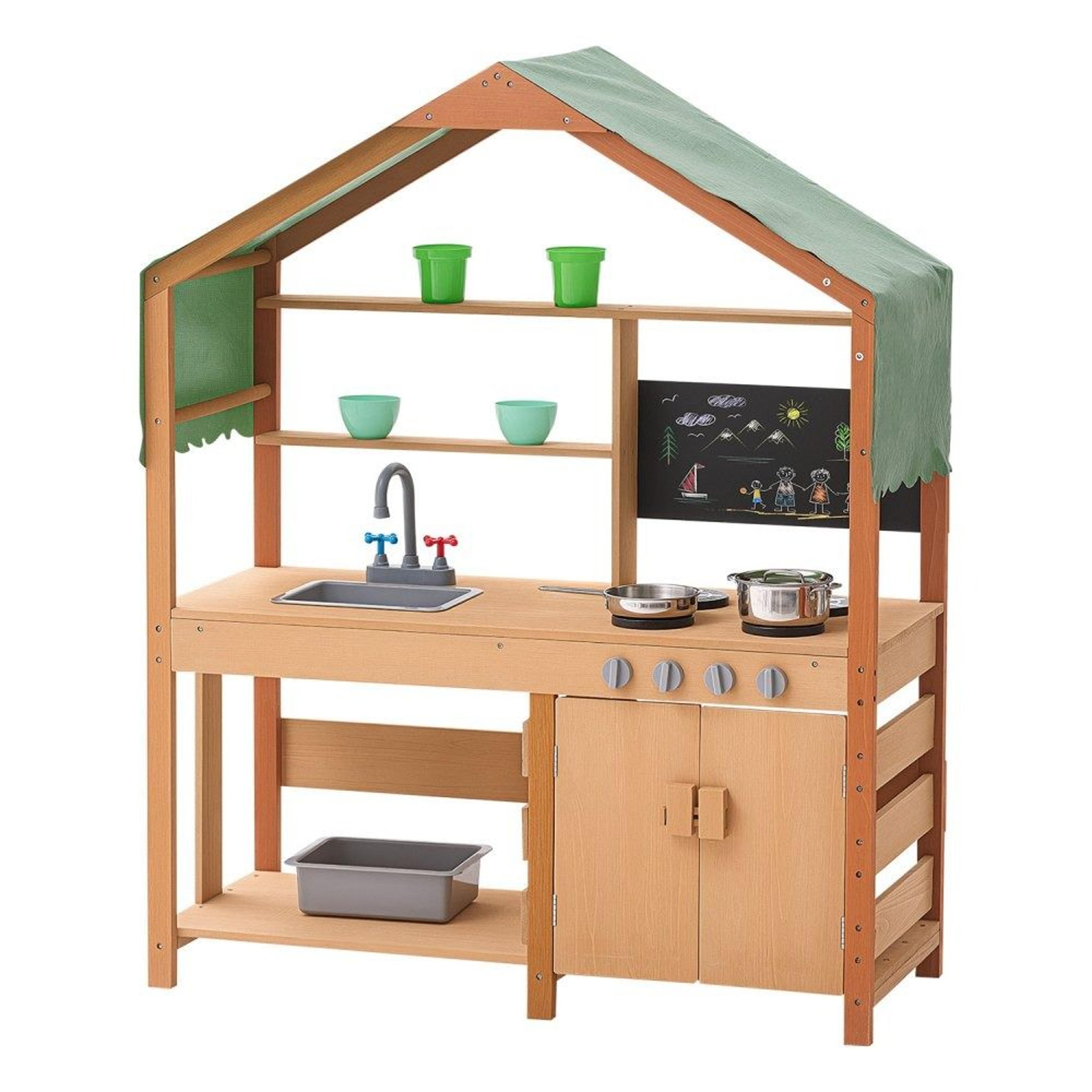 kids wooden mud kitchen outdoor pretend play set with canopy and accessories