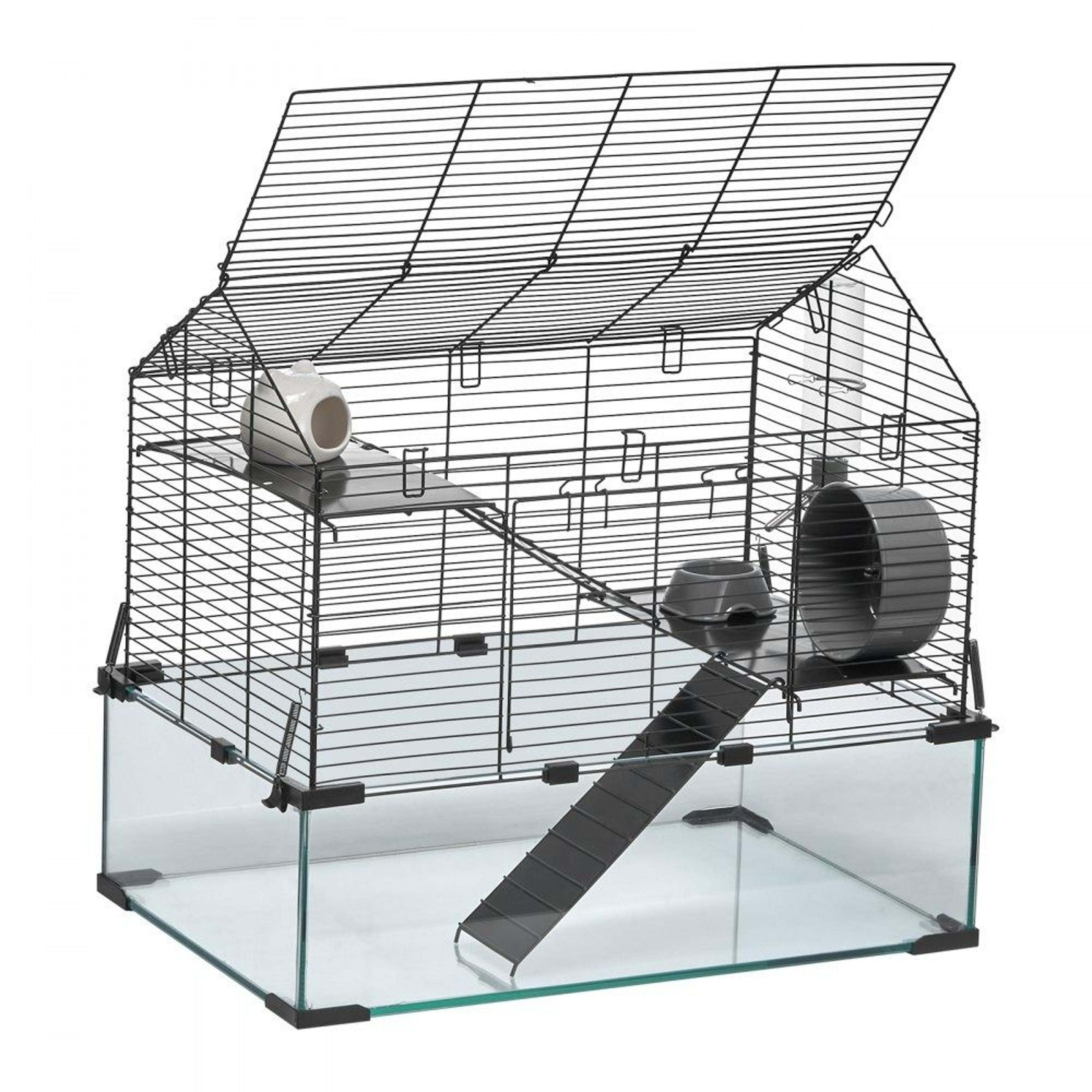 hamster cage with 360° transparent viewing and ventilated metal mesh design