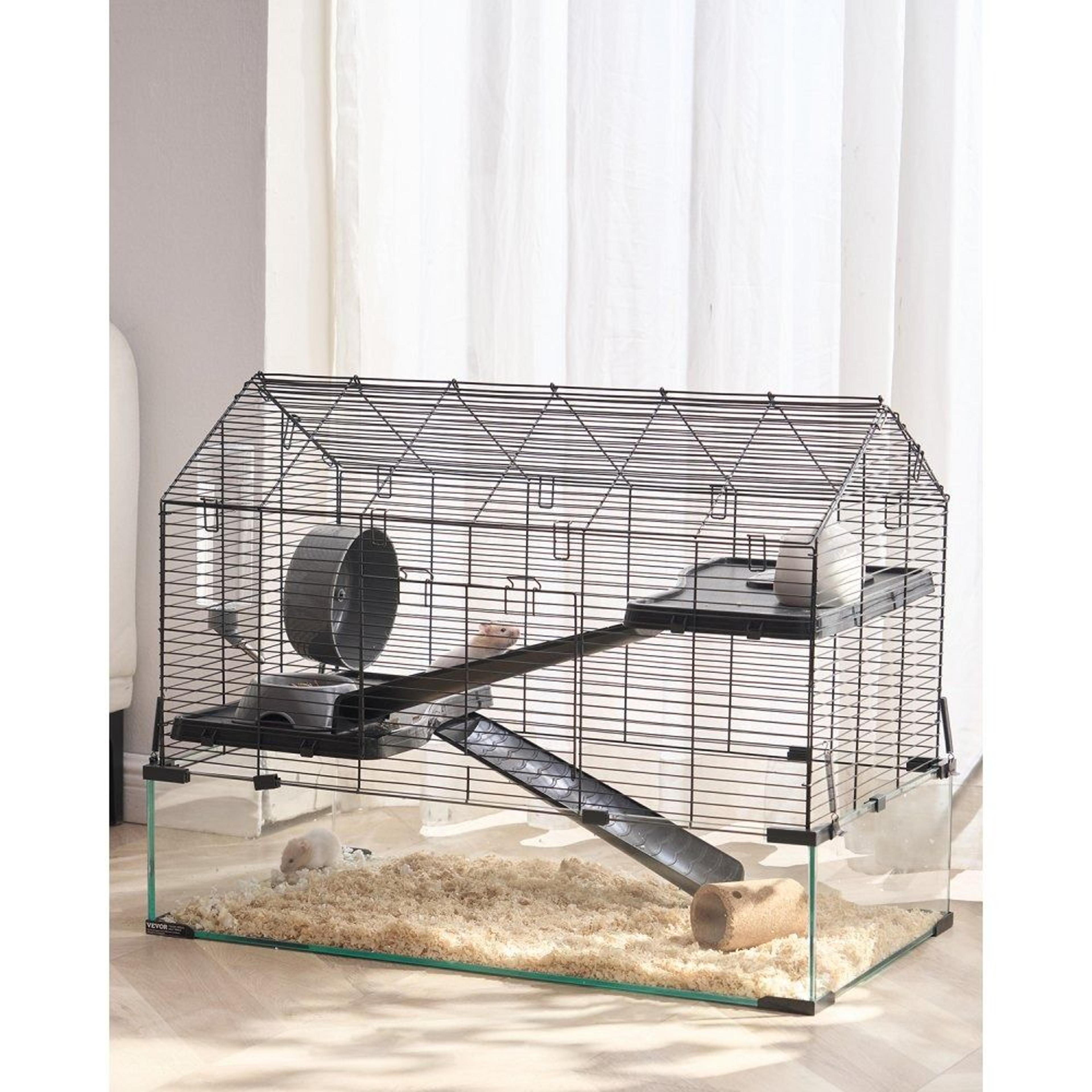 hamster cage with transparent viewing and ventilated metal mesh design
