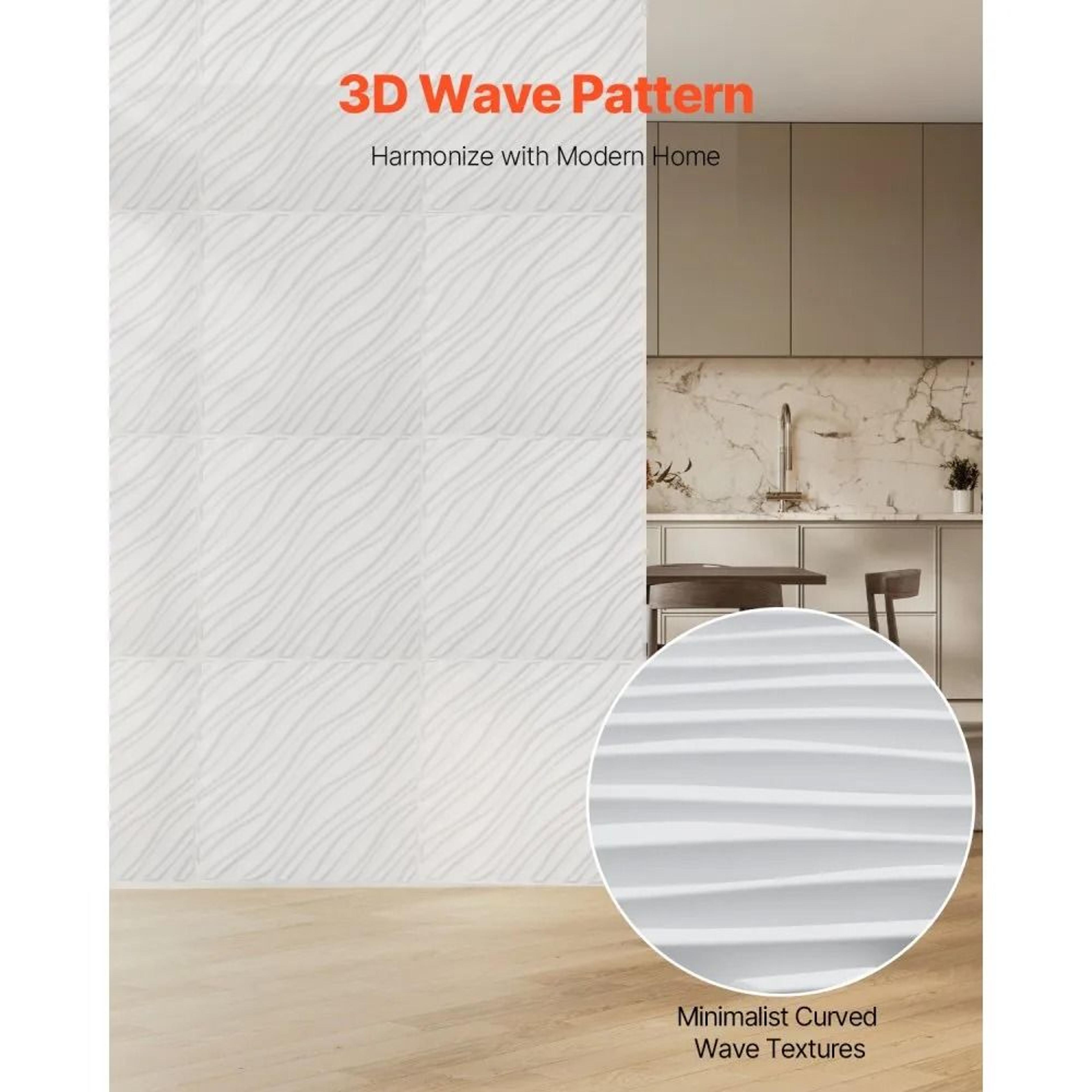3D Wall Panels 12Pack PVC Wave Textured Wall Tiles 32 Sq Ft Matte White 1