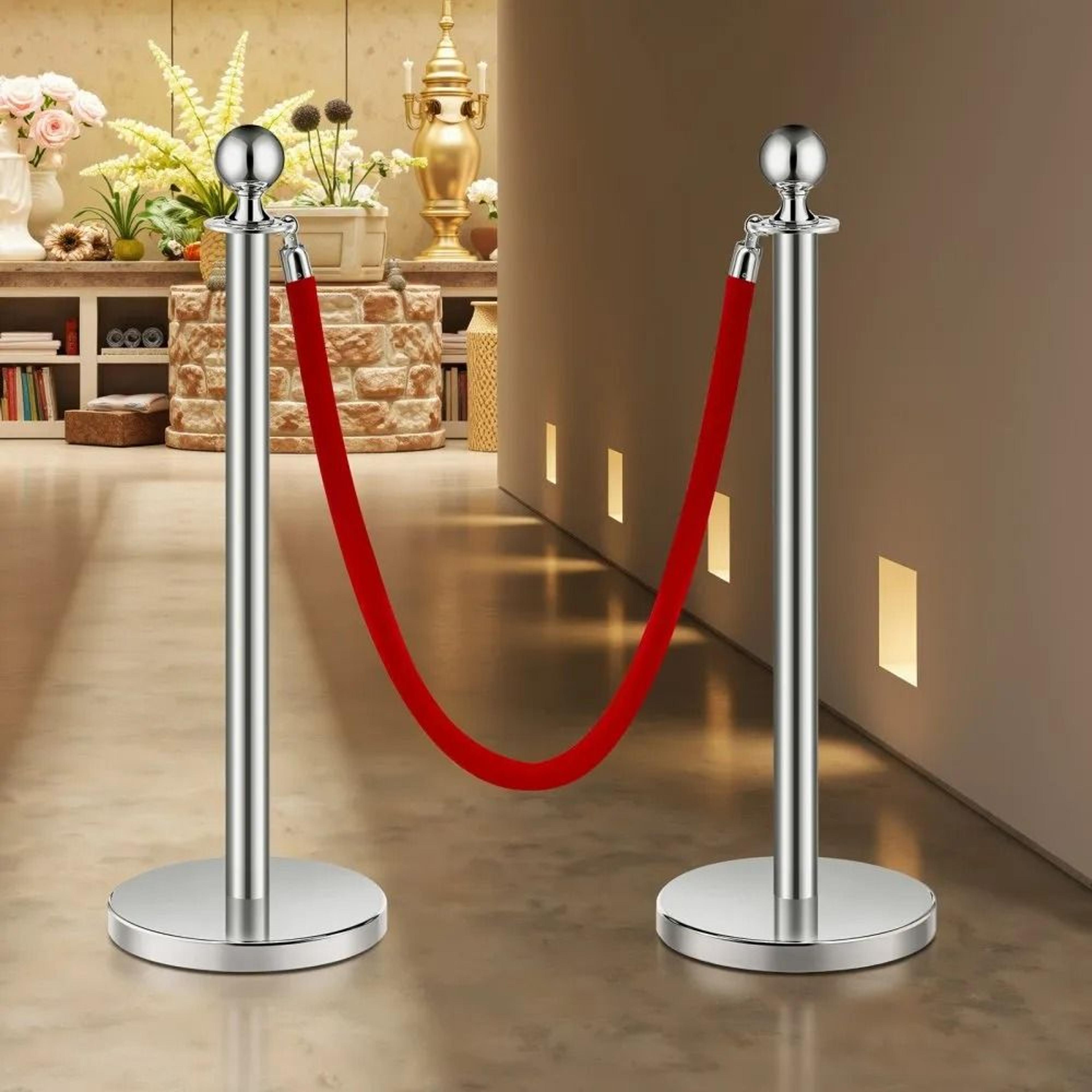 Stanchions And Velvet Ropes Set With Silver Stainless Steel Posts And Red Ropes 3