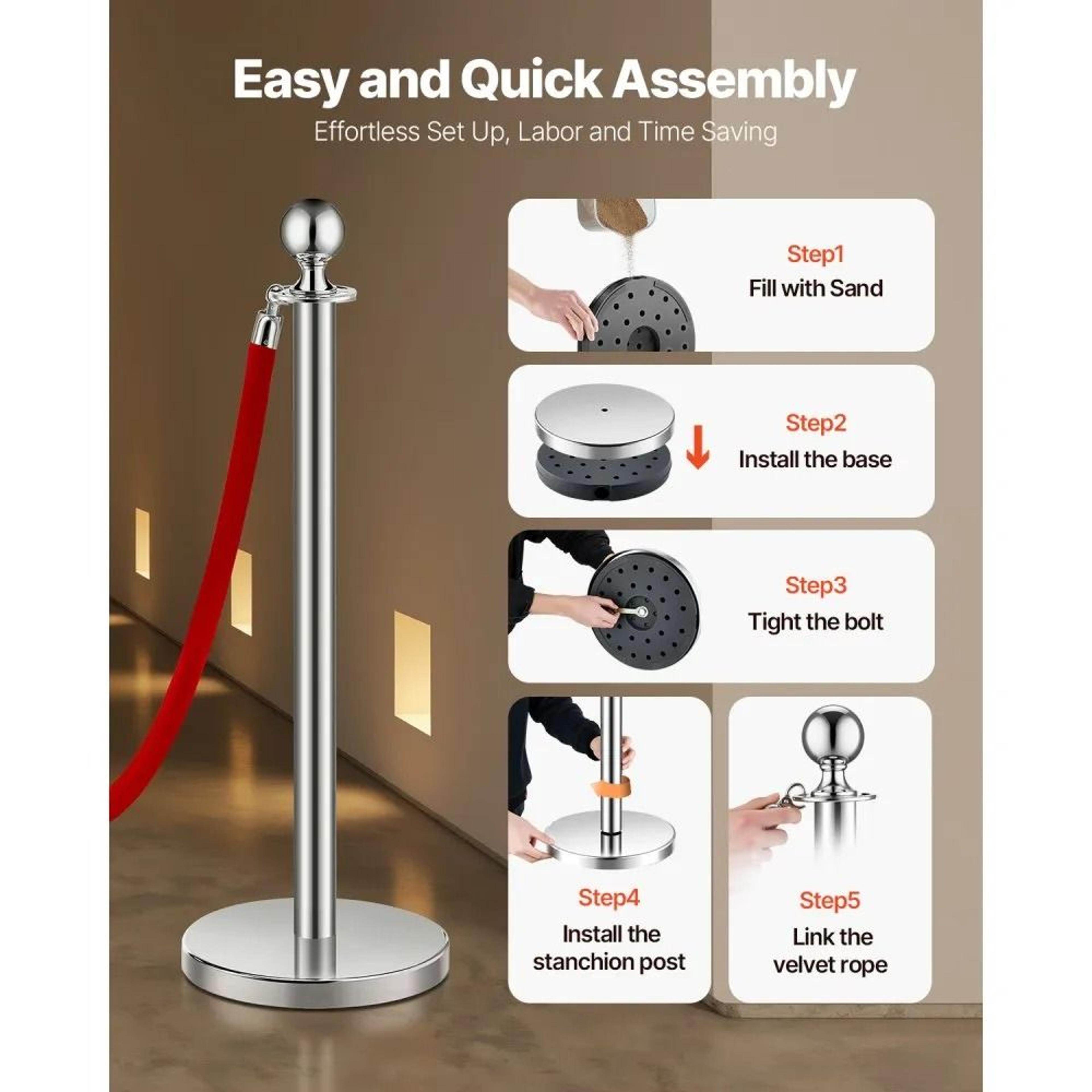 Stanchions And Velvet Ropes Set With Silver Stainless Steel Posts And Red Ropes 2