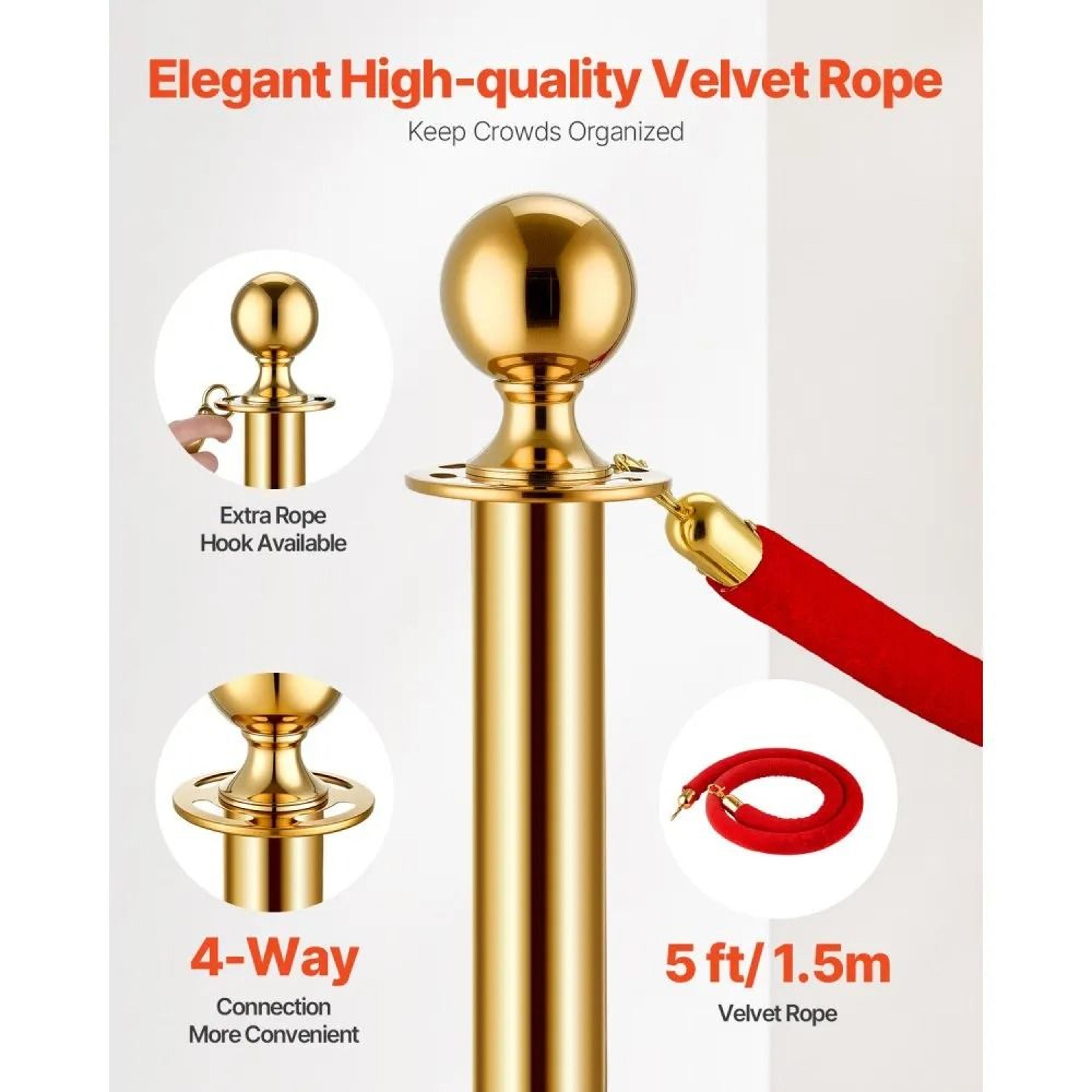 Gold Stanchion Posts With Red Velvet Ropes And Fillable Bases For Crowd Control 2