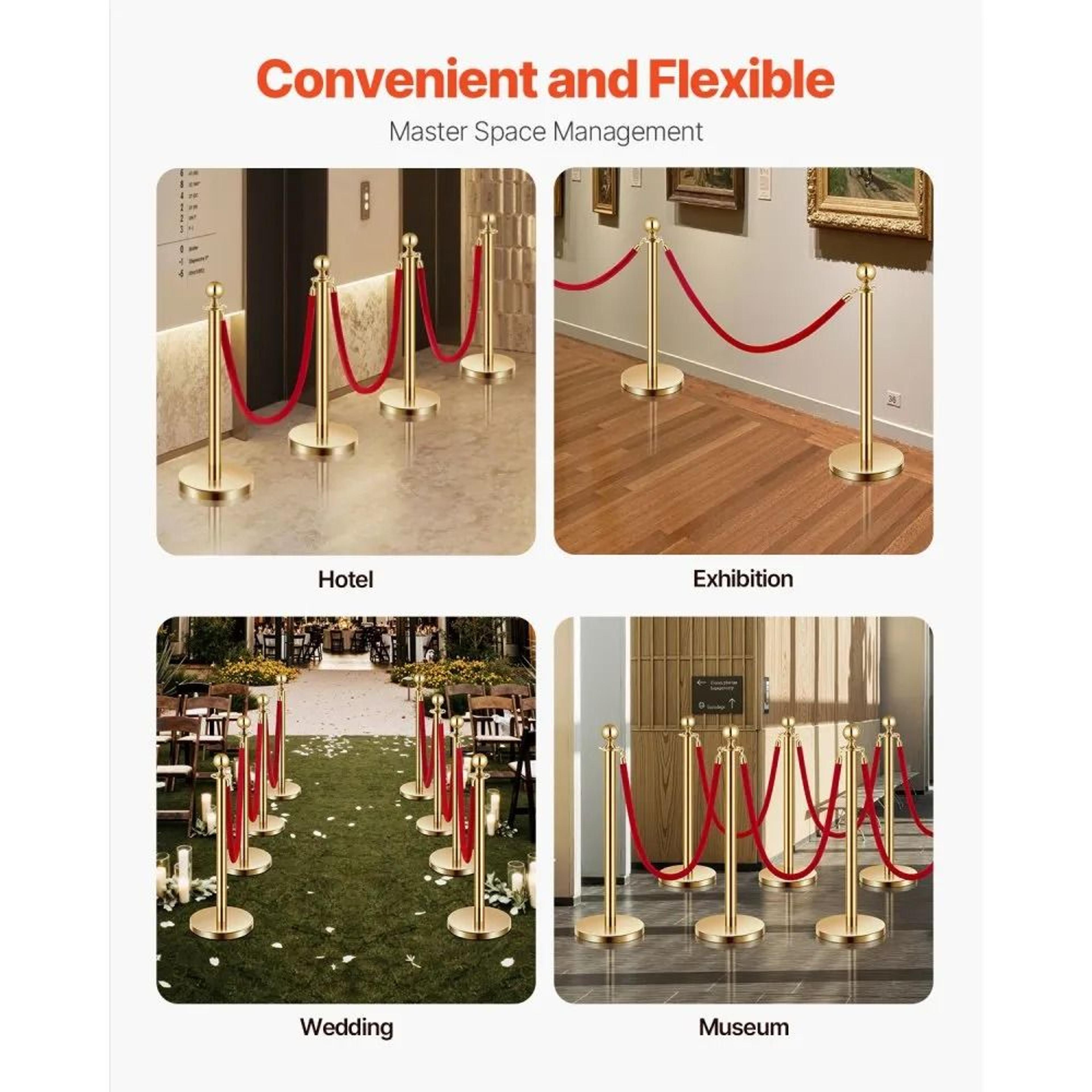 Gold Stanchion Posts With Red Velvet Ropes And Fillable Bases For Crowd Control 4