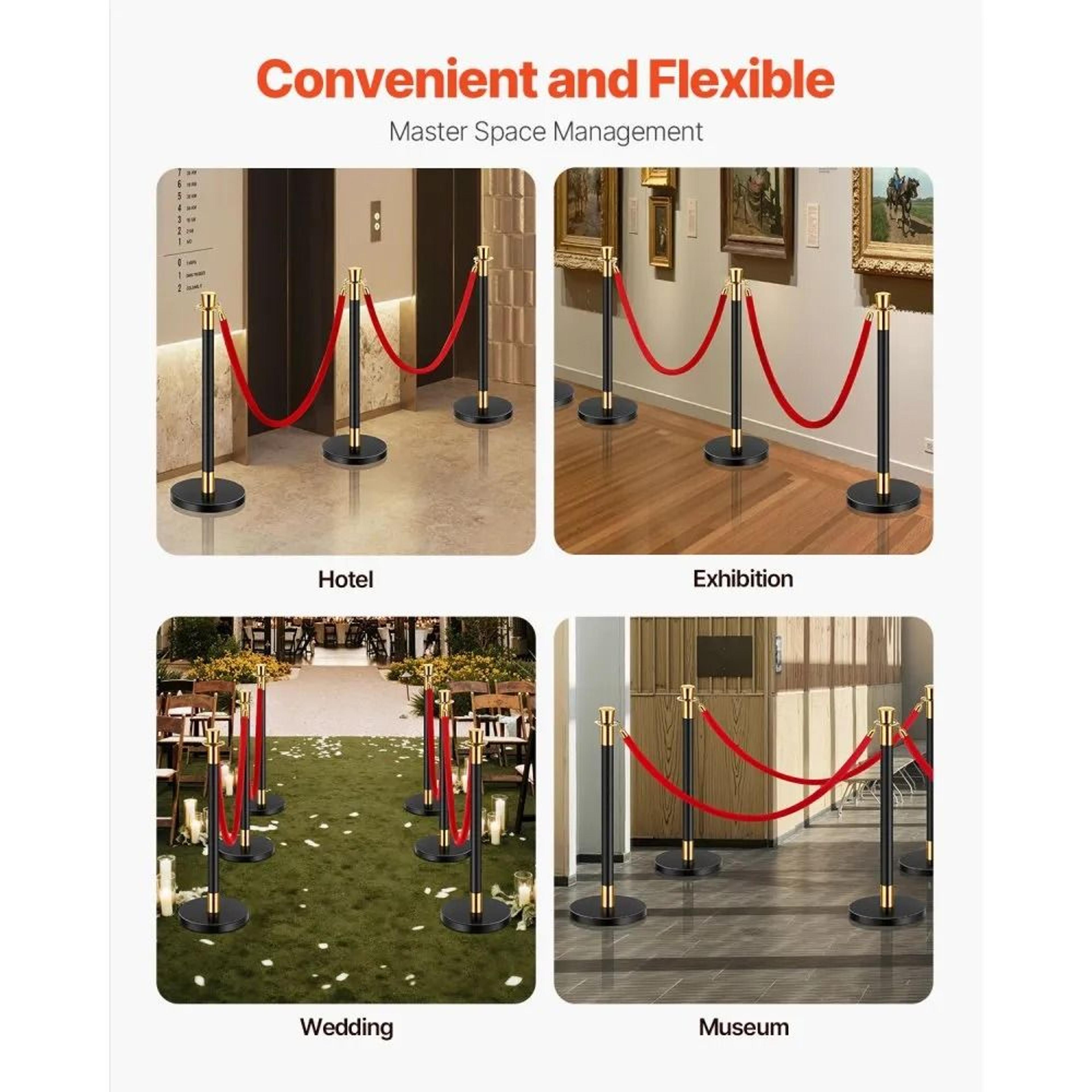 Stanchion Posts With Red Velvet Ropes And Fillable Bases For Crowd Control 4
