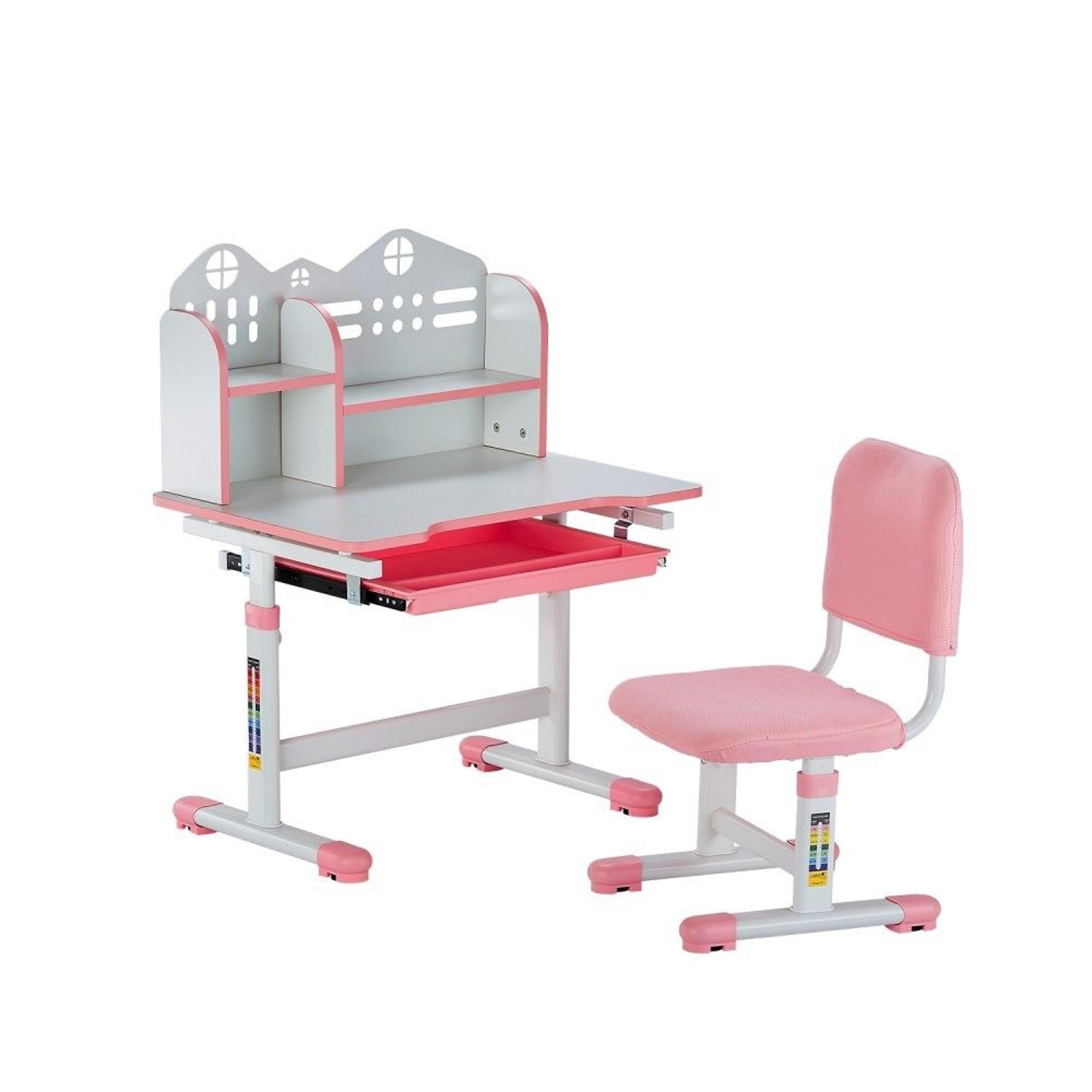 kids adjustable study desk and chair set with bookshelf and storage drawer