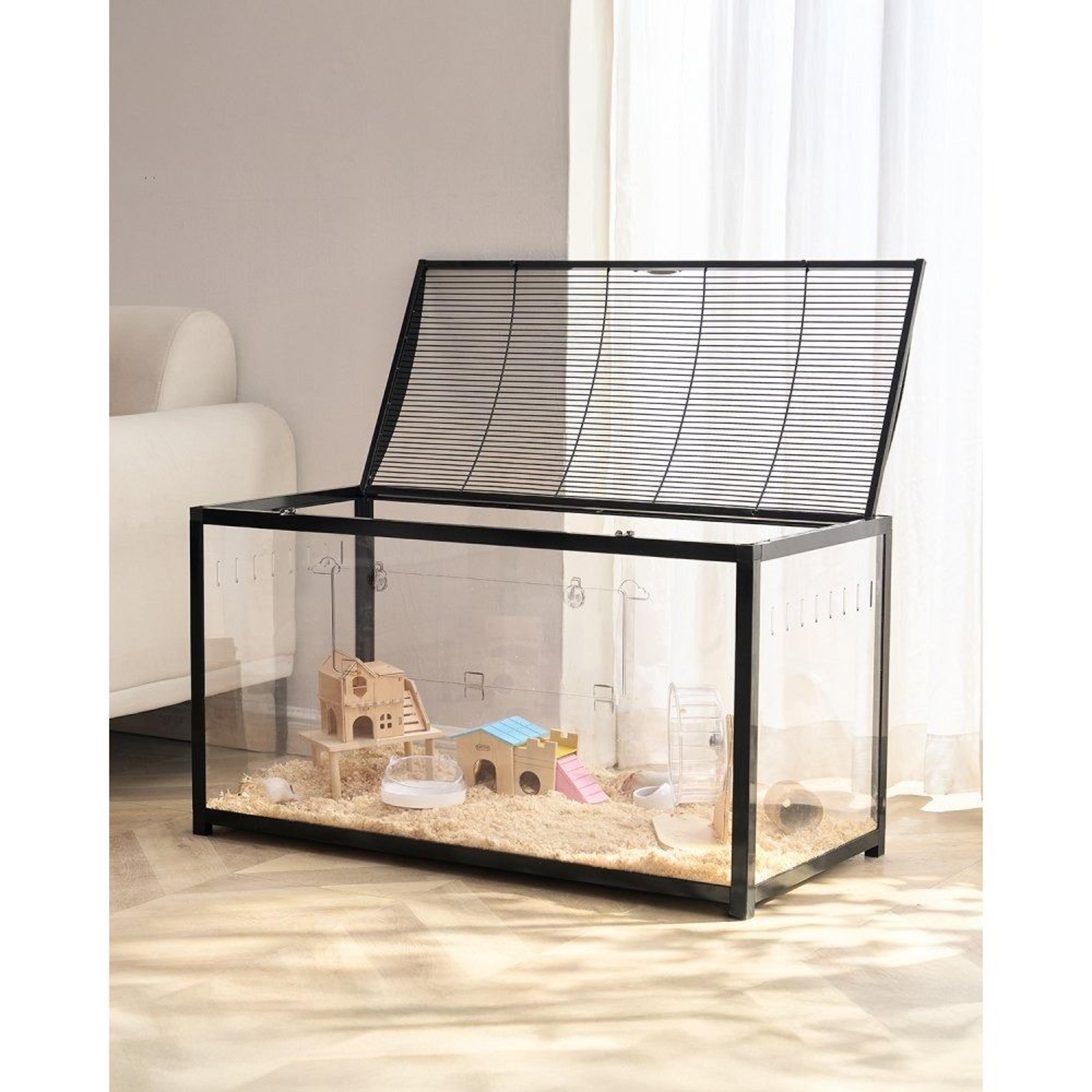 hamster cage with 360° transparent viewing panels and ventilated metal frame