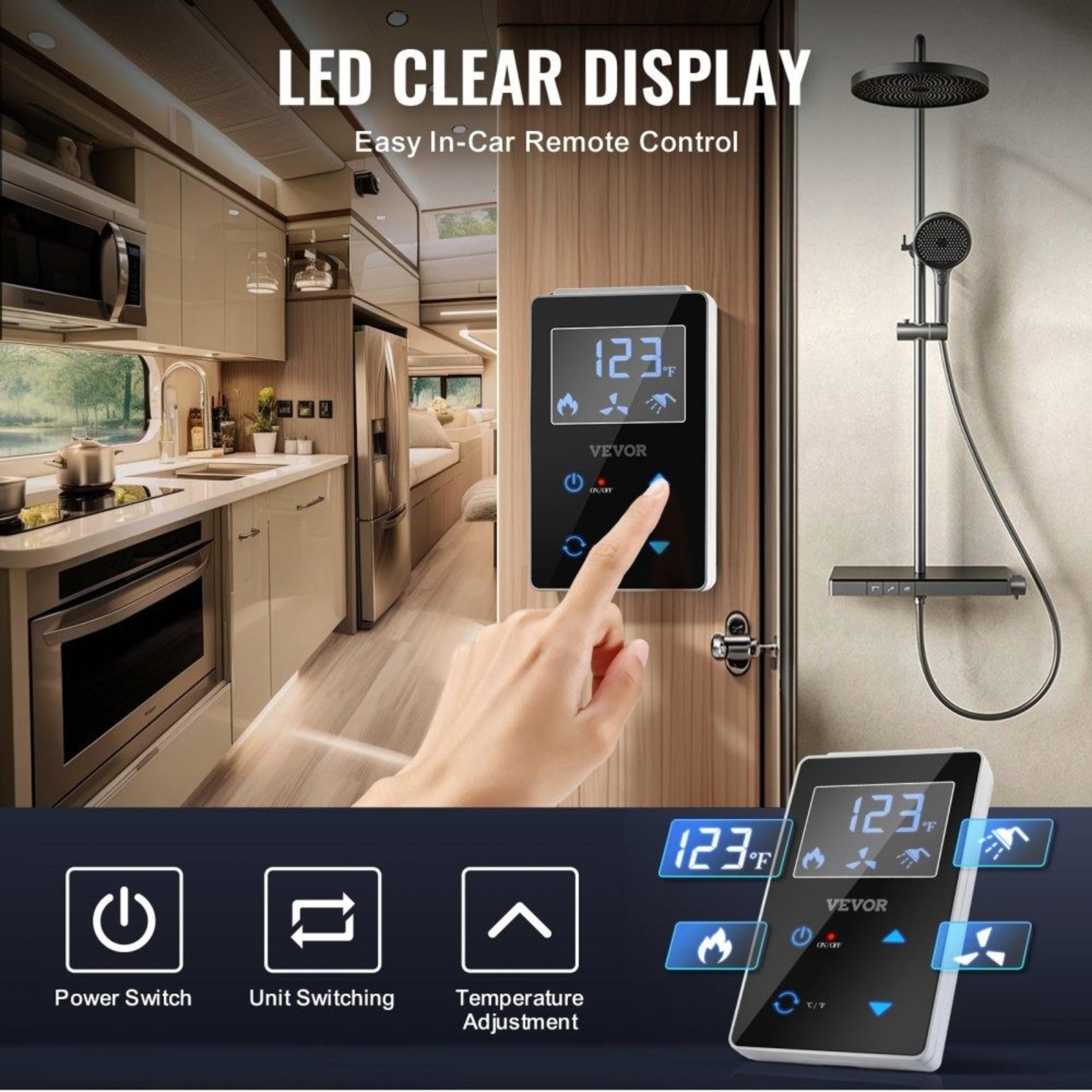 RV Tankless Water Heater 42000 BTU With 15 X 15 Inch Black Door And Remote Controller 4
