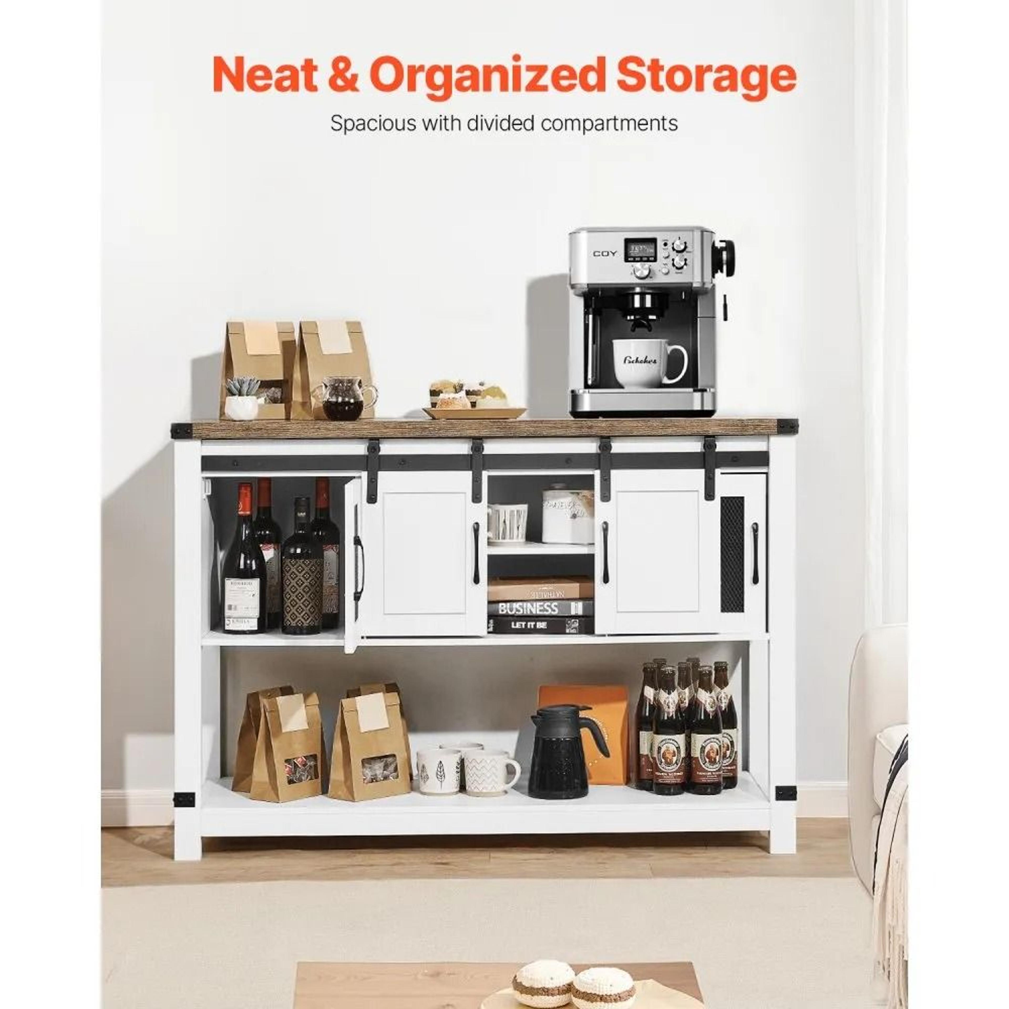Farmhouse Coffee Bar Cabinet With Sliding Barn Doors And 4Tier Storage 3