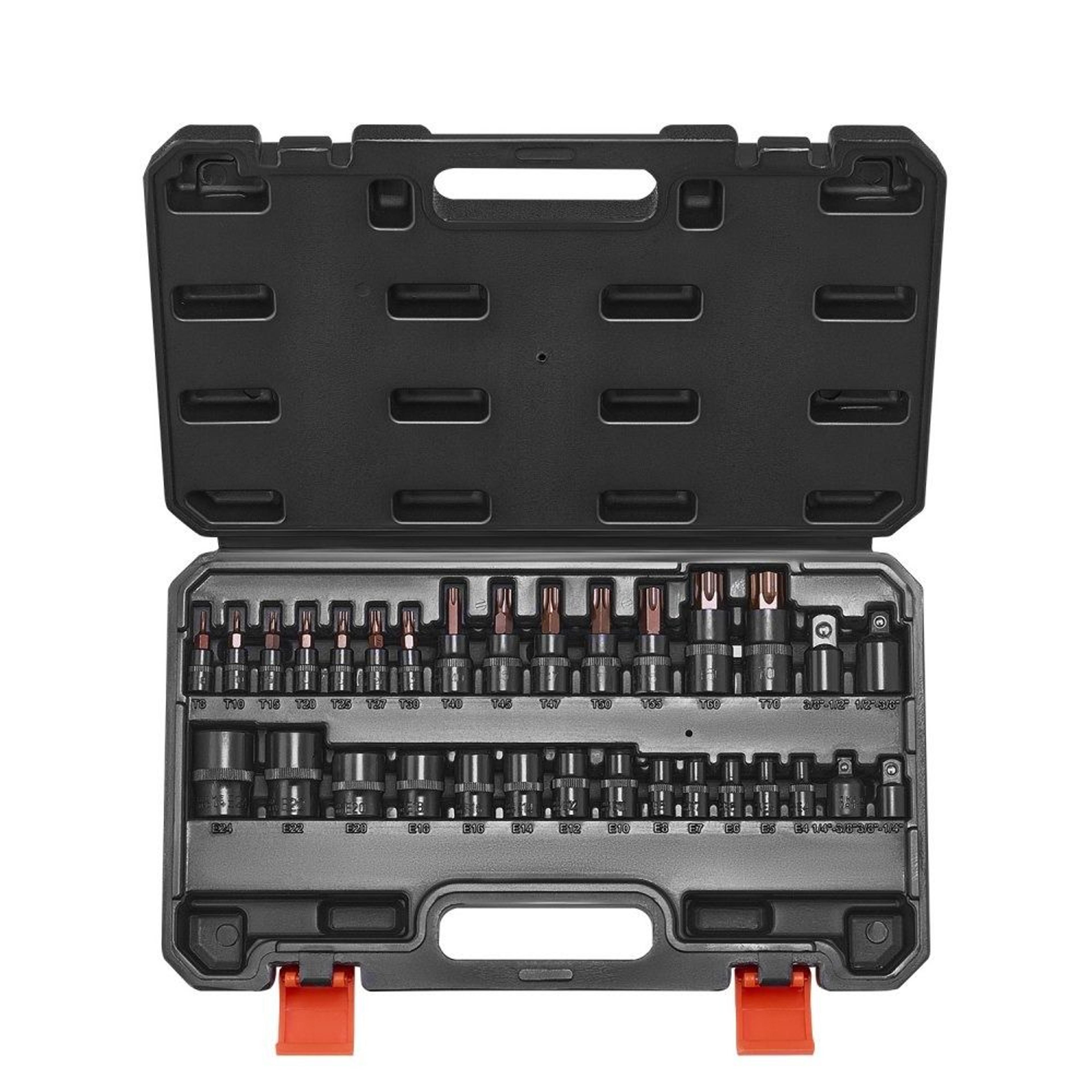 31-piece torx bit socket set with e-torx sockets and drive adapters