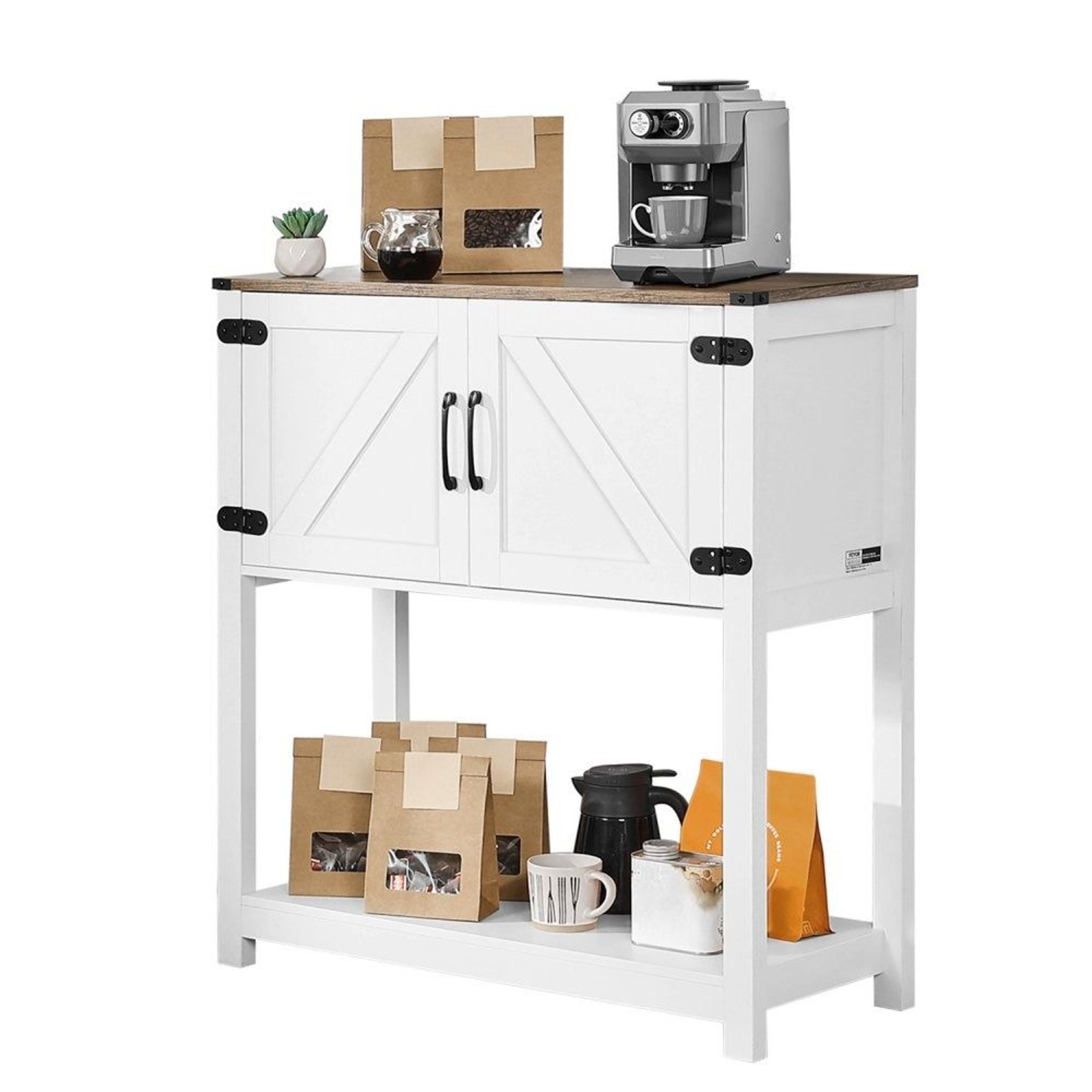 farmhouse coffee bar cabinet with 3-tier storage and magnetic doors