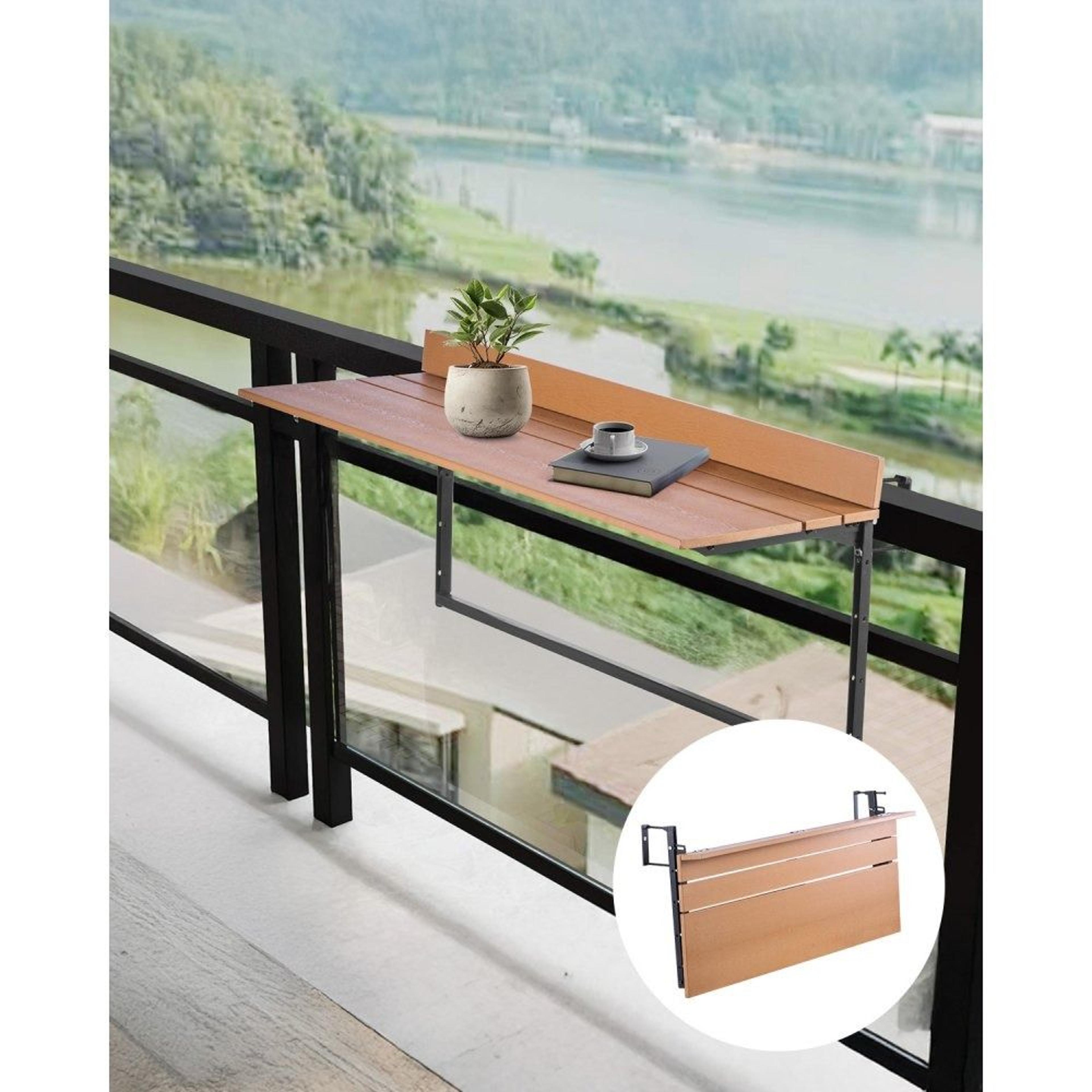 folding balcony railing table with 5 adjustable heights and 50 lb capacity
