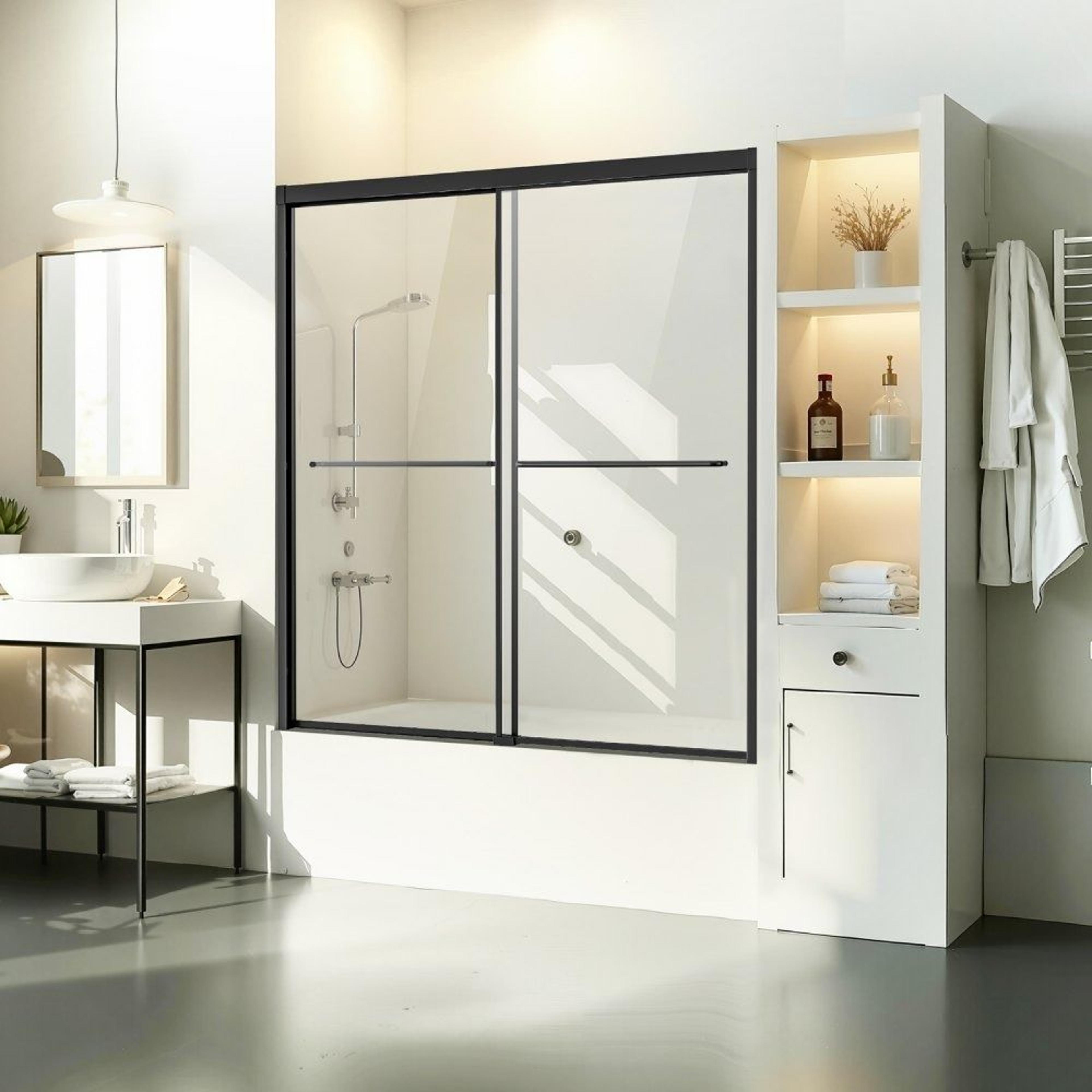 semi-frameless sliding bathtub shower door 56–60 inch black tempered glass