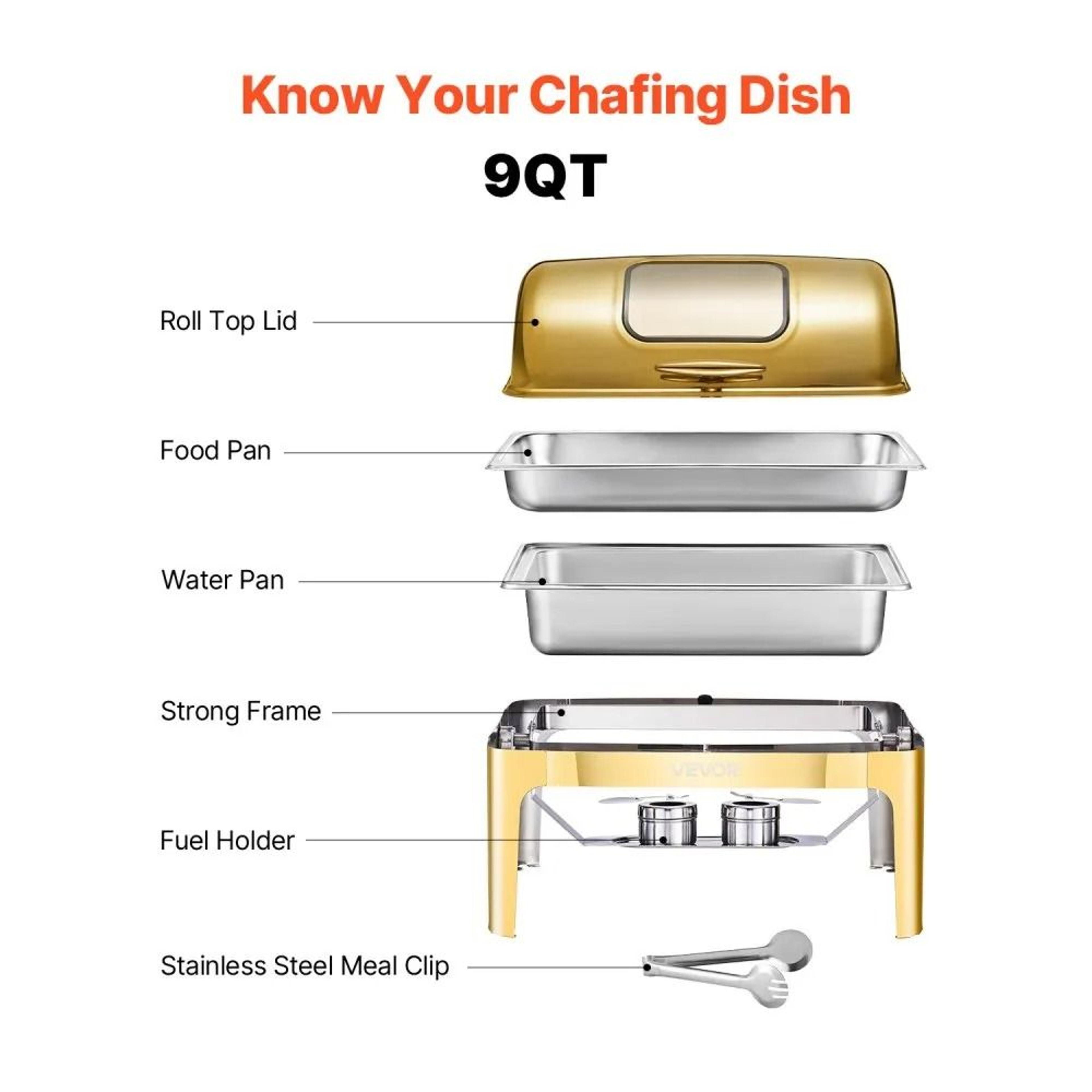 9 Qt Gold Stainless Steel Roll Top Chafing Dish Buffet Warmer Set 7