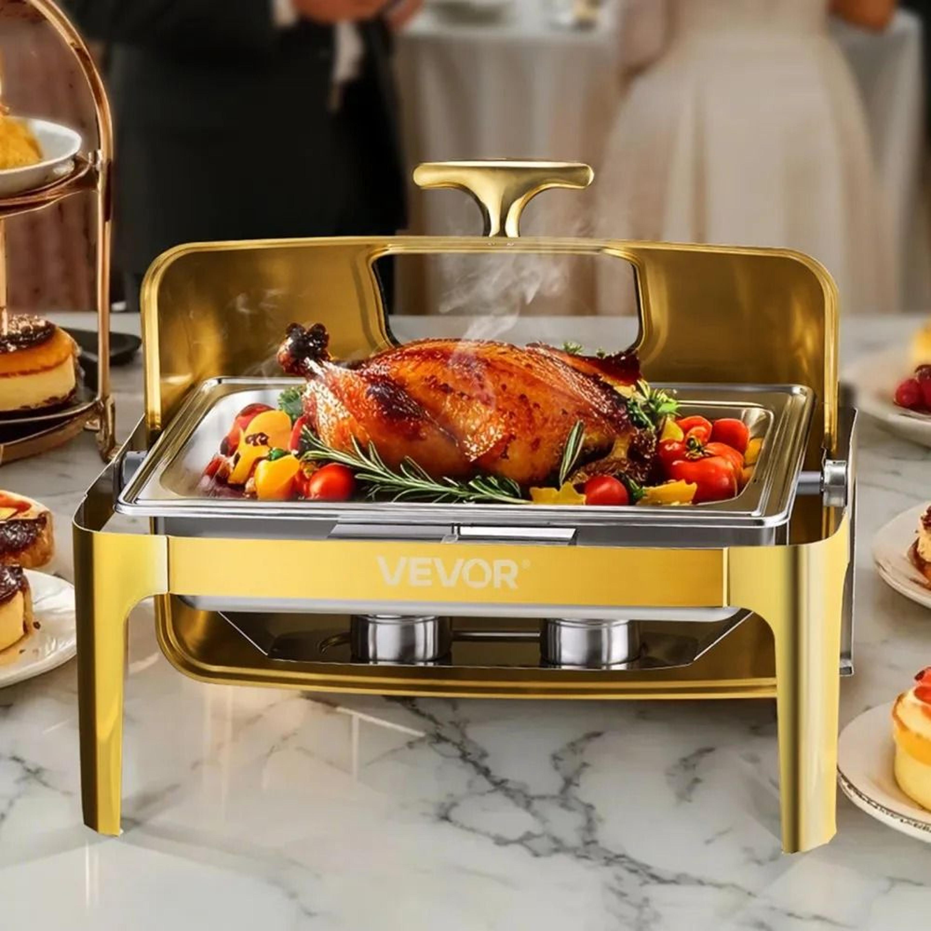 9 Qt Gold Stainless Steel Roll Top Chafing Dish Buffet Warmer Set 6