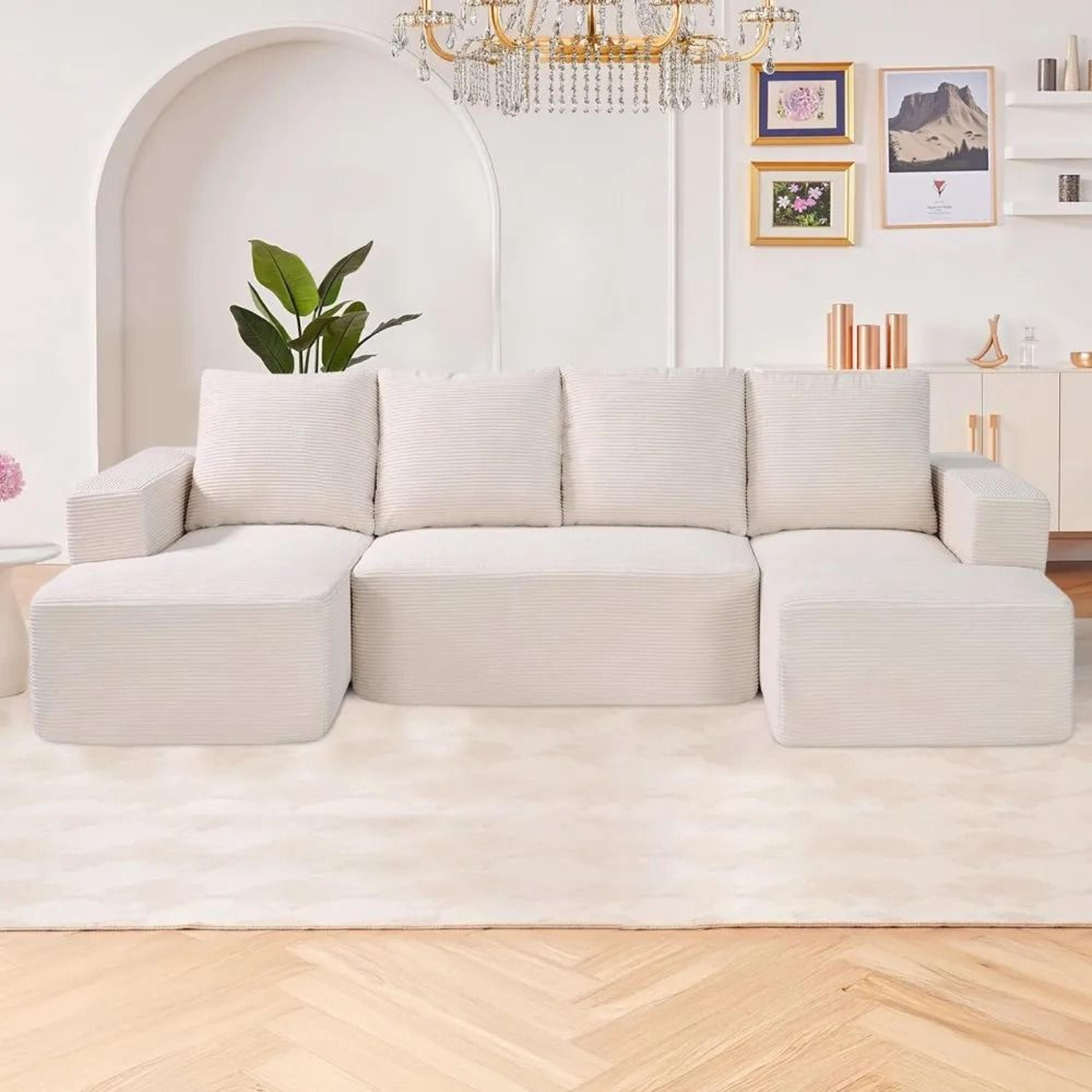U Shaped Modular Sectional Sofa With Chaise And Soft Corduroy Upholstery 6