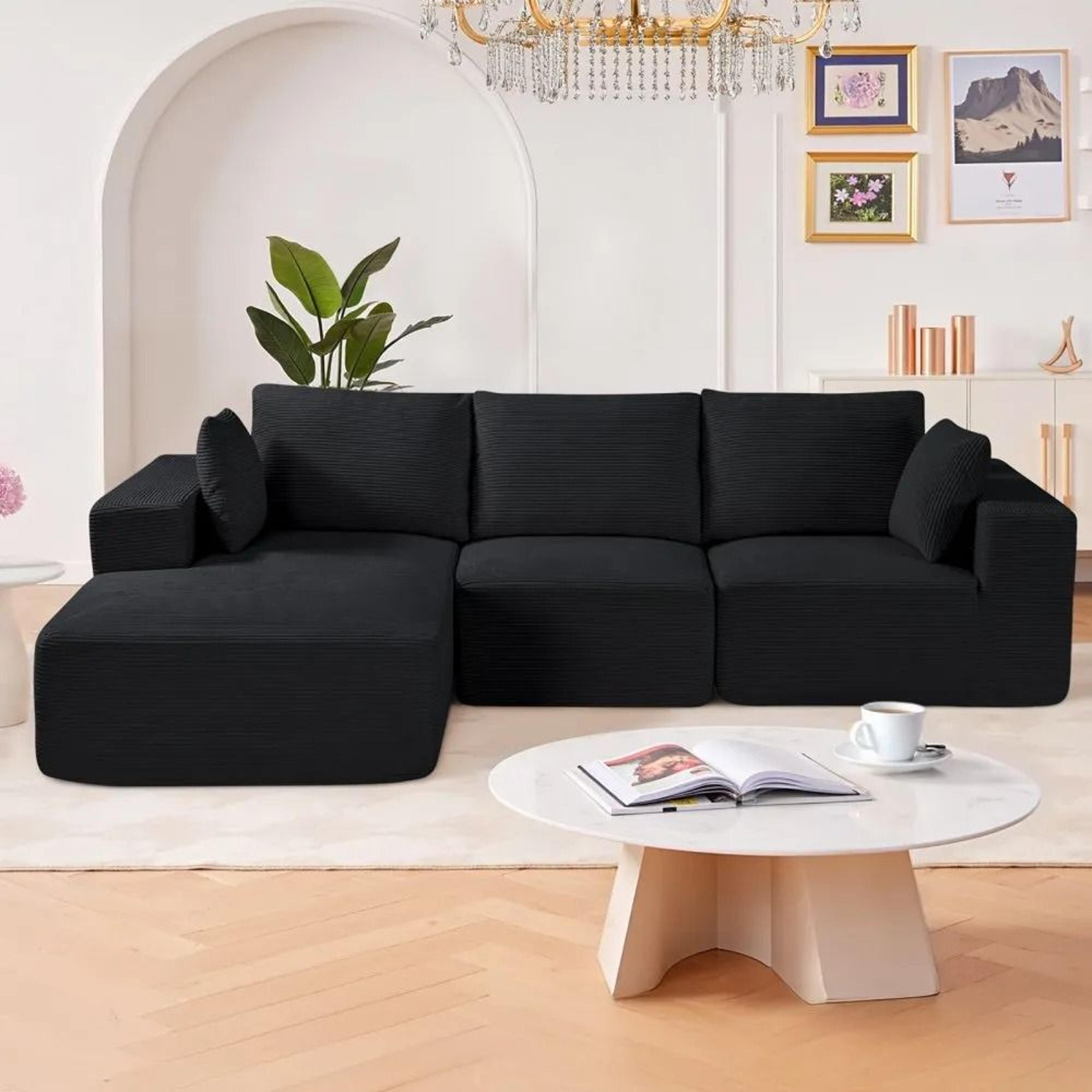 Modular L Shaped Sectional Sofa With Chaise And Black Corduroy Upholstery 6