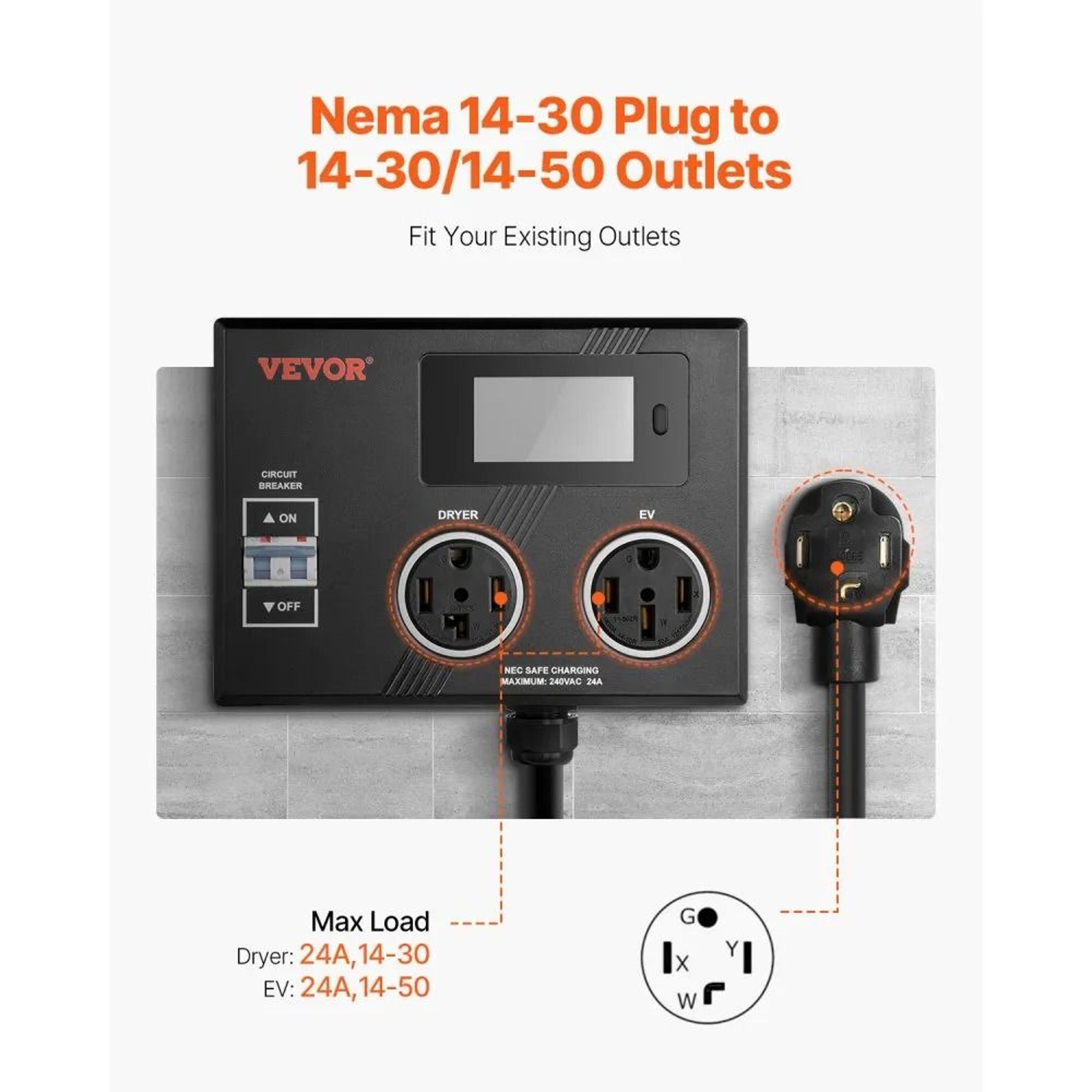 240V Smart Dryer And EV Power Splitter With LCD Display And NEMA Outlets 2