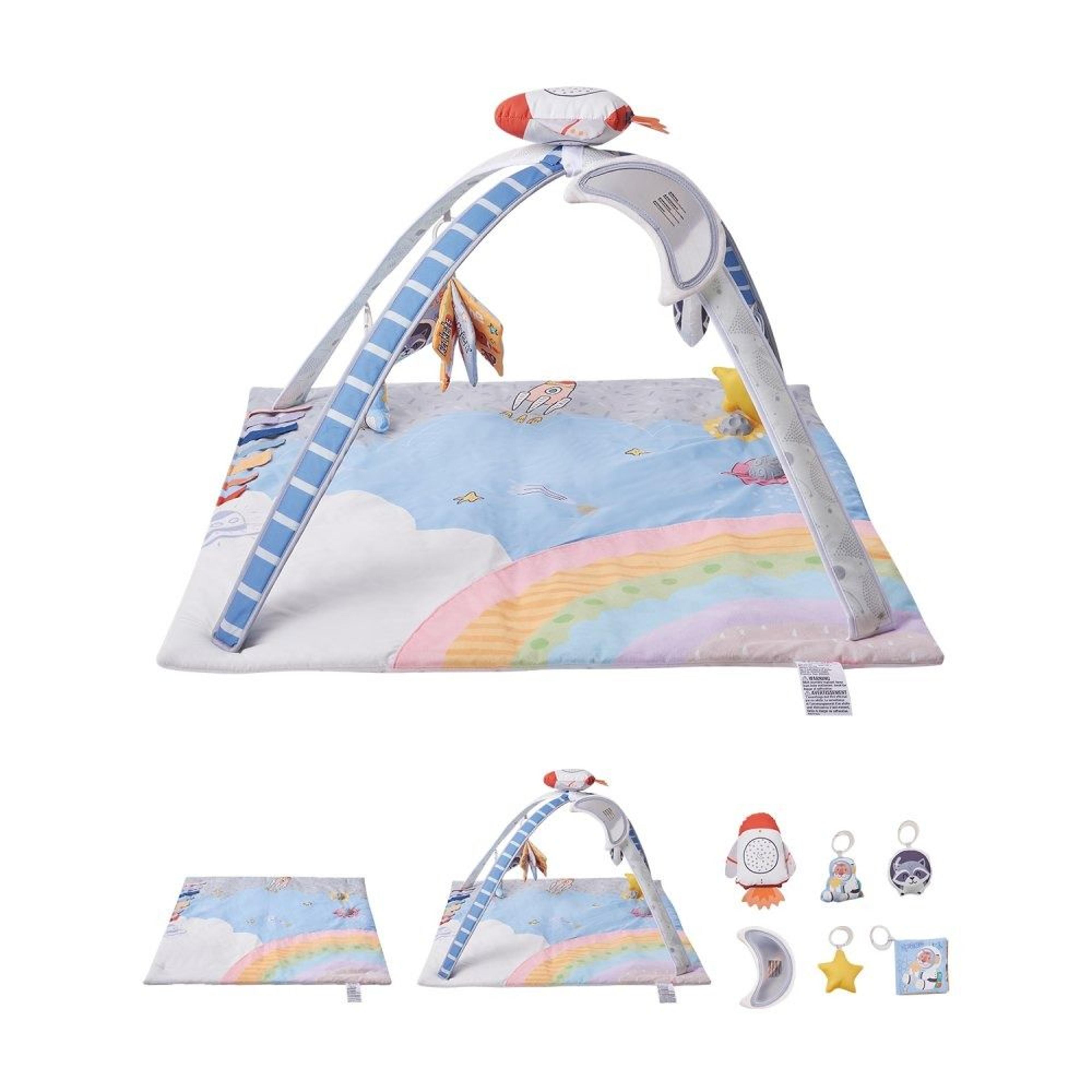 baby play gym mat with 6 sensory toys and light-up musical rocket