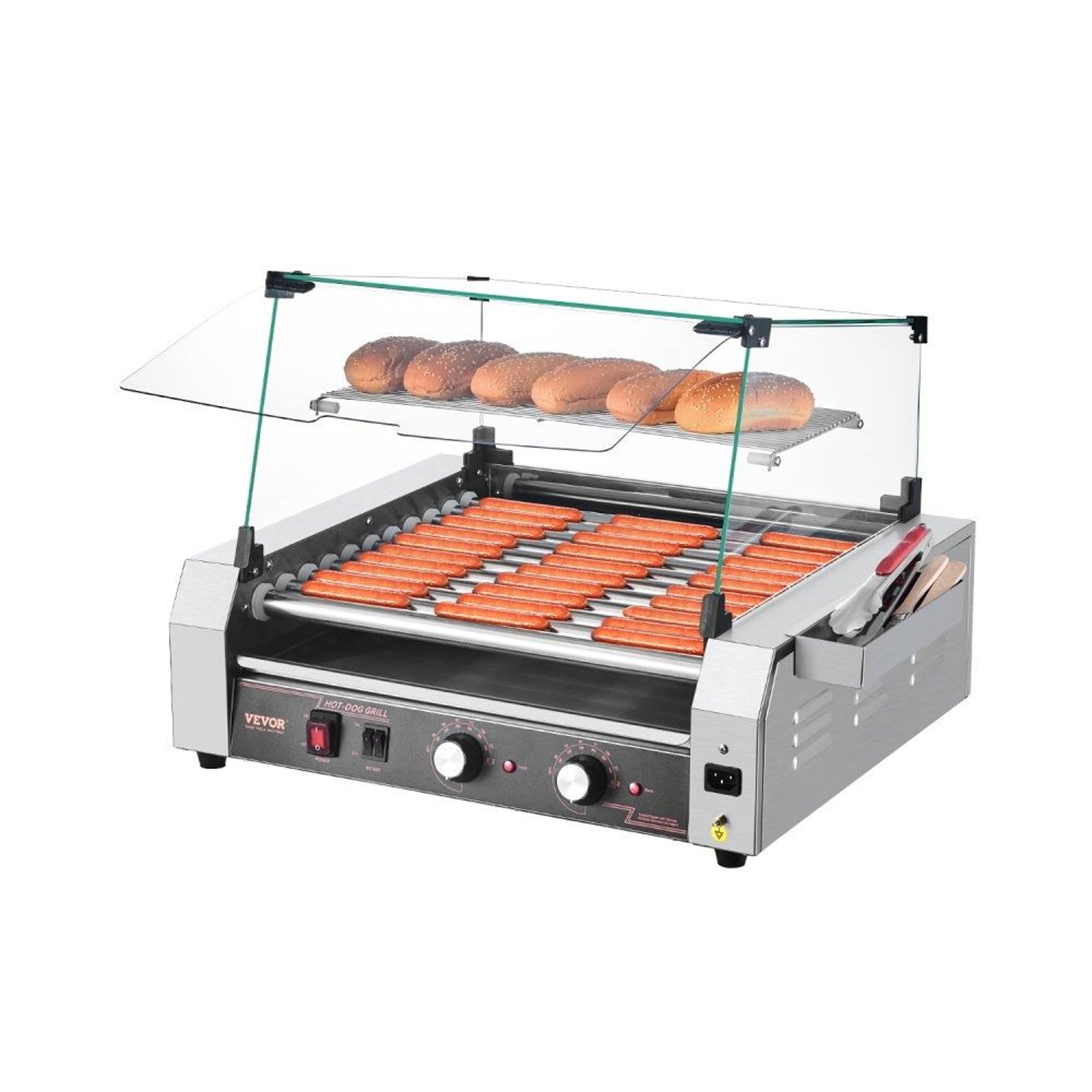 commercial hot dog roller grill with 11 stainless steel rollers and dual temperature control
