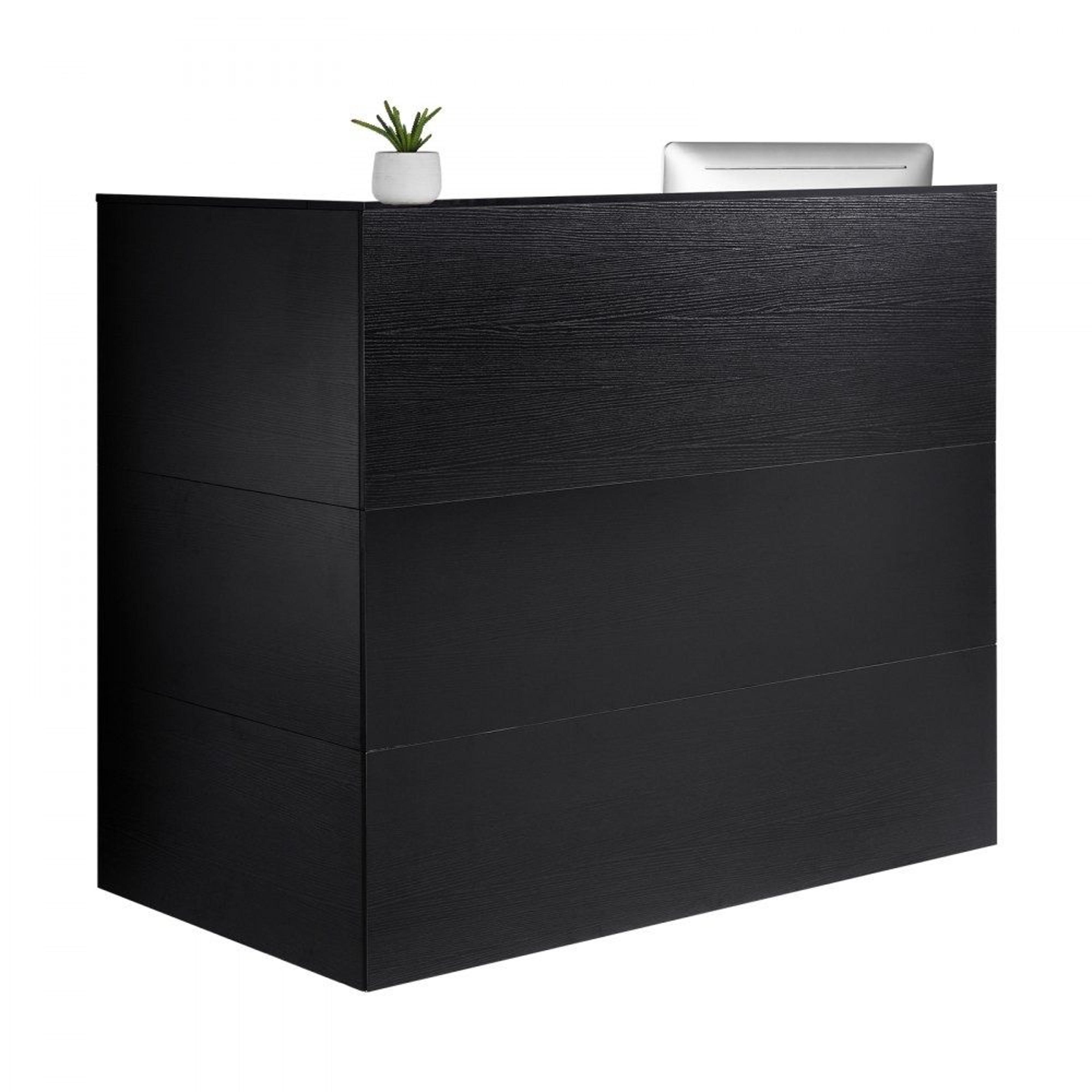 55-inch l-shaped reception desk with drawer keyboard tray and storage cabinet