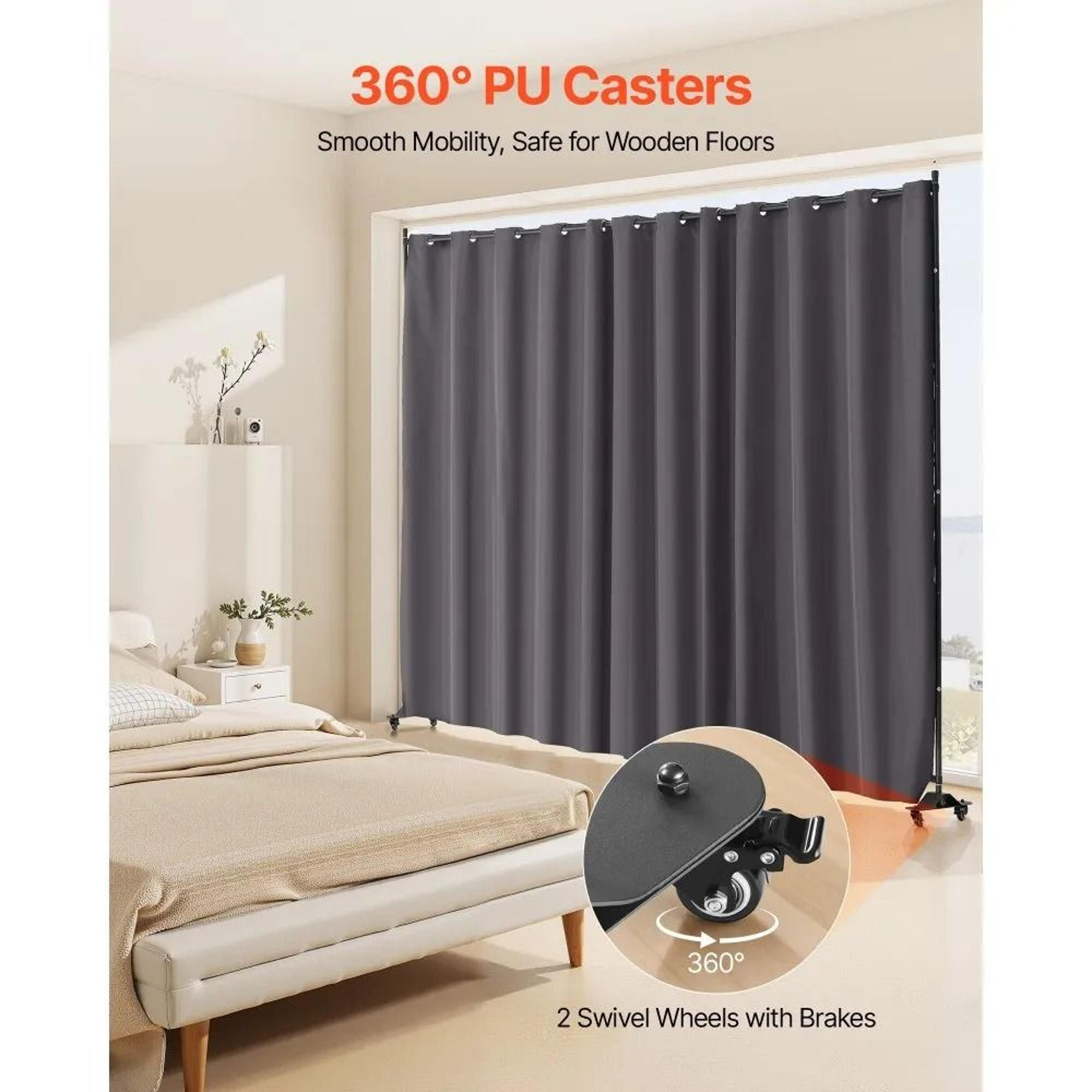 Portable Room Divider With Wheels And Privacy Curtain Panel Gray 4
