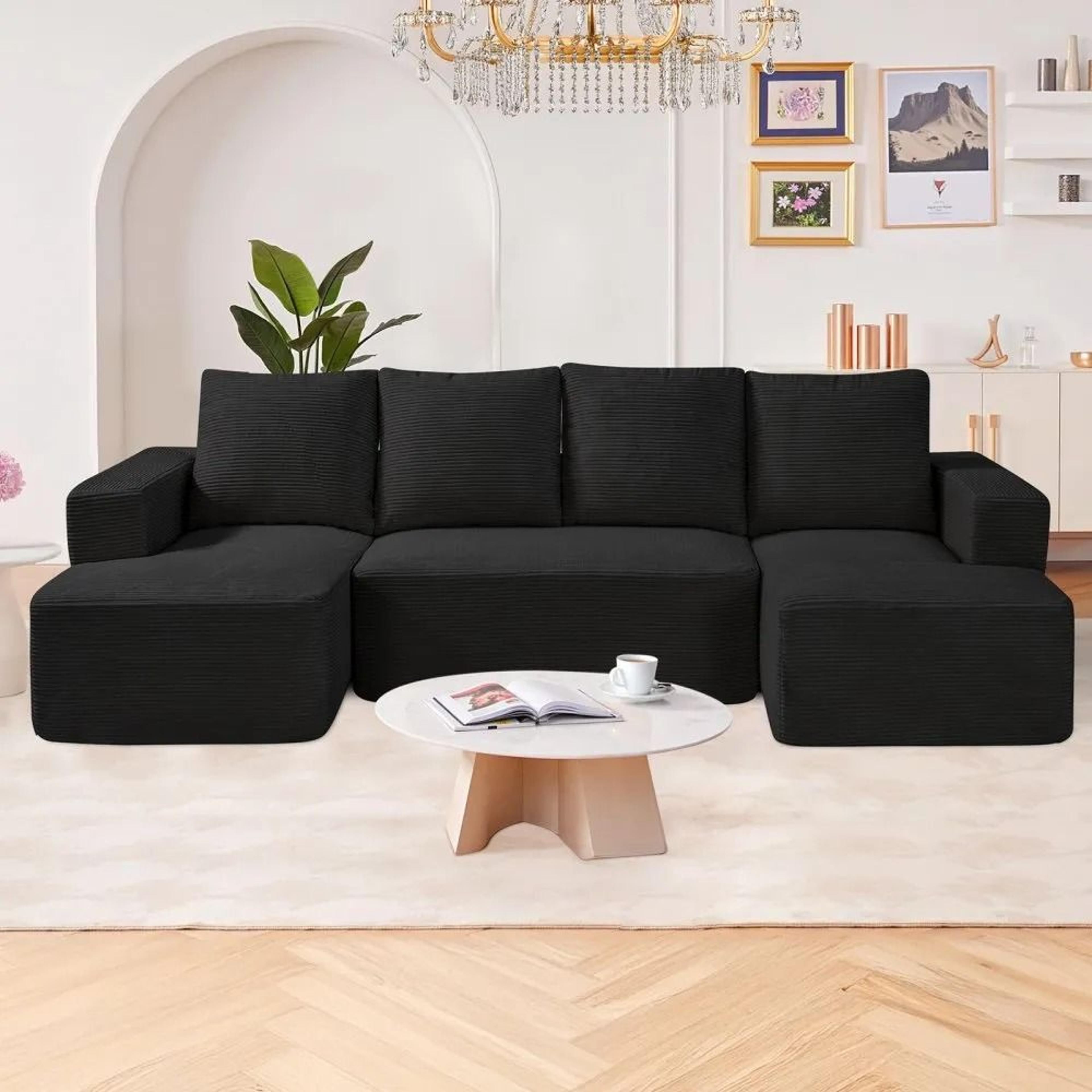 U Shaped Modular Sectional Sofa With Chaise And Black Corduroy Upholstery 6