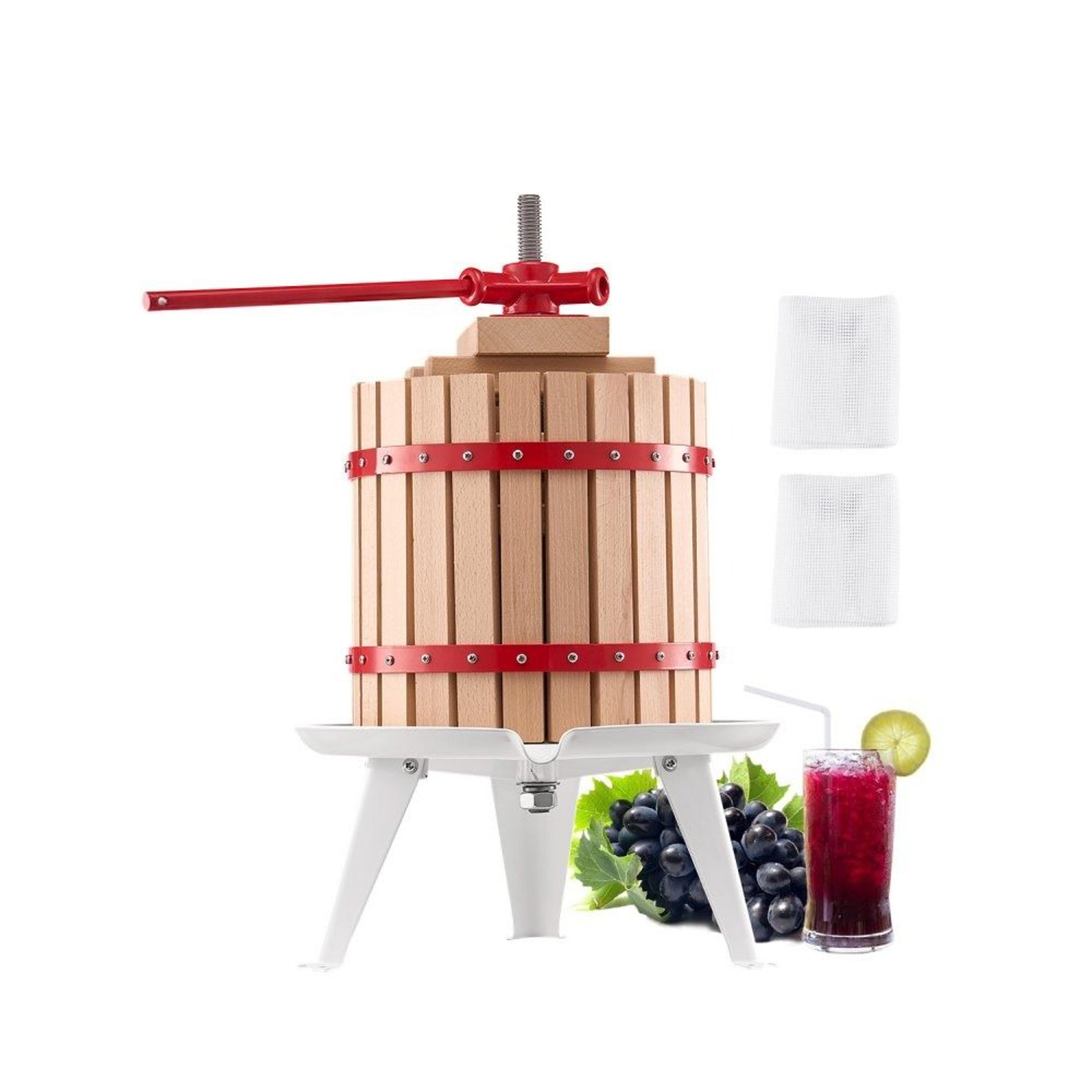 3.2 gallon manual fruit wine press with solid beechwood basket and rotating handle