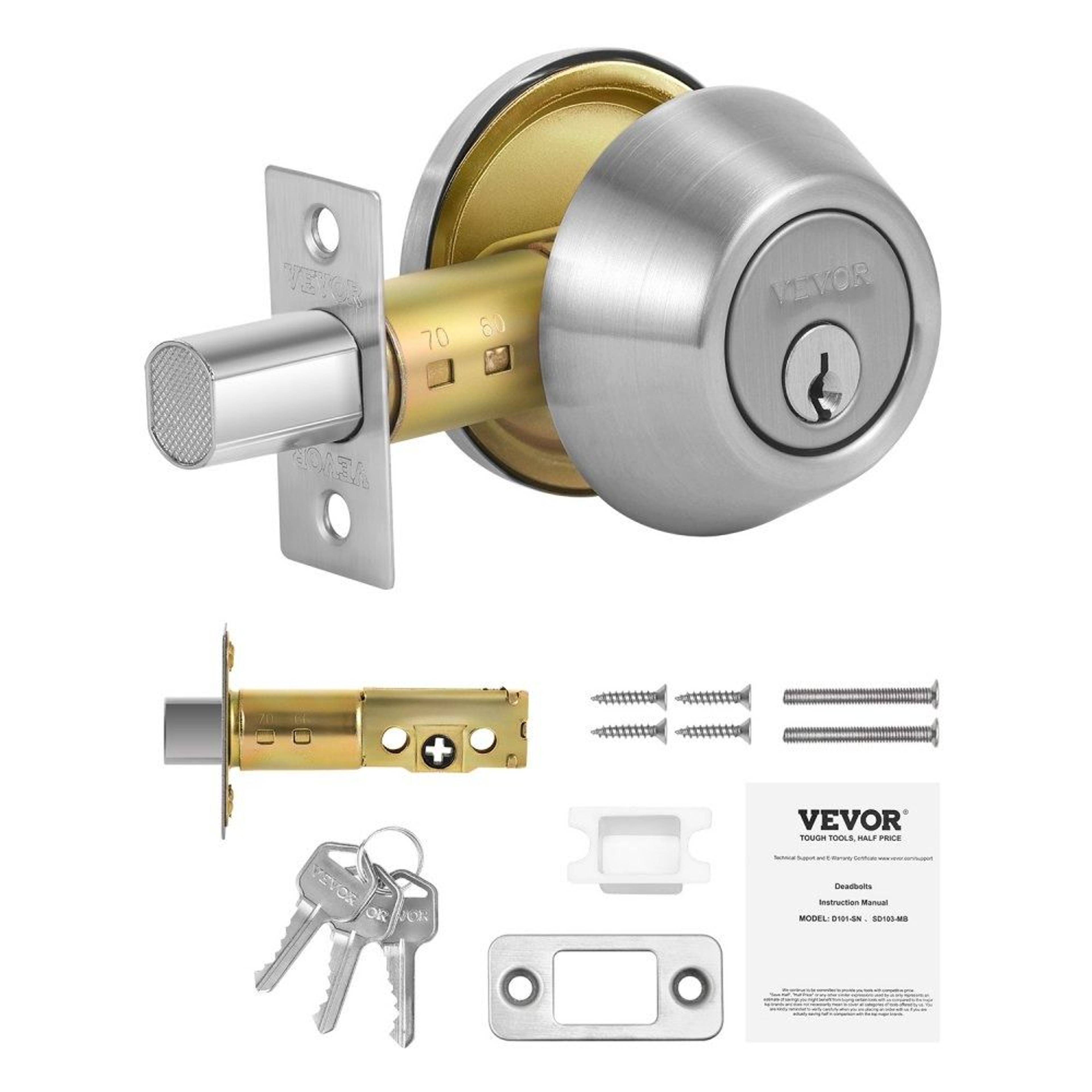 single cylinder deadbolt door lock with adjustable latch and satin nickel finish