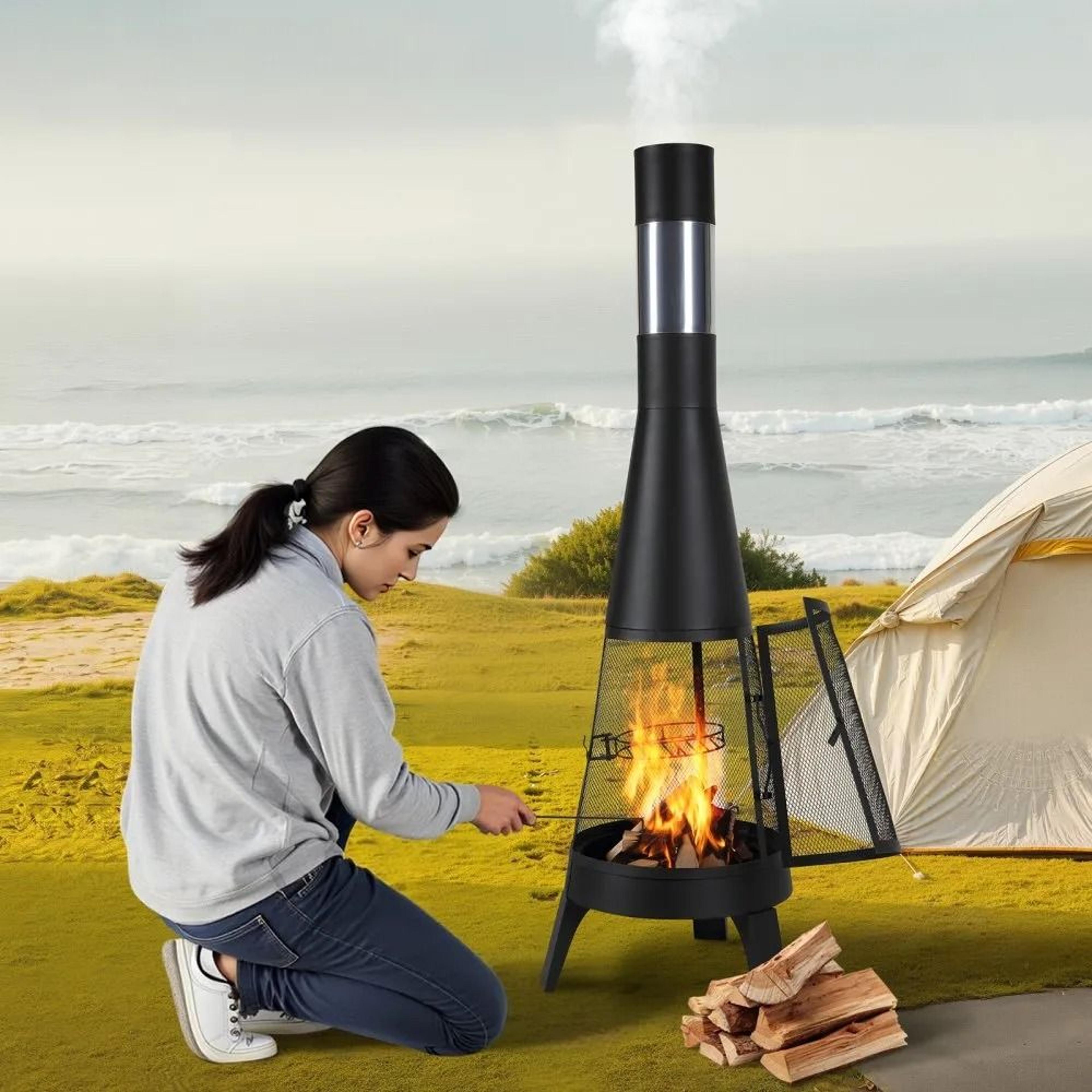 20Inch Outdoor Wood Burning Chiminea Fire Pit With BBQ Grill And Rainproof Cover 6