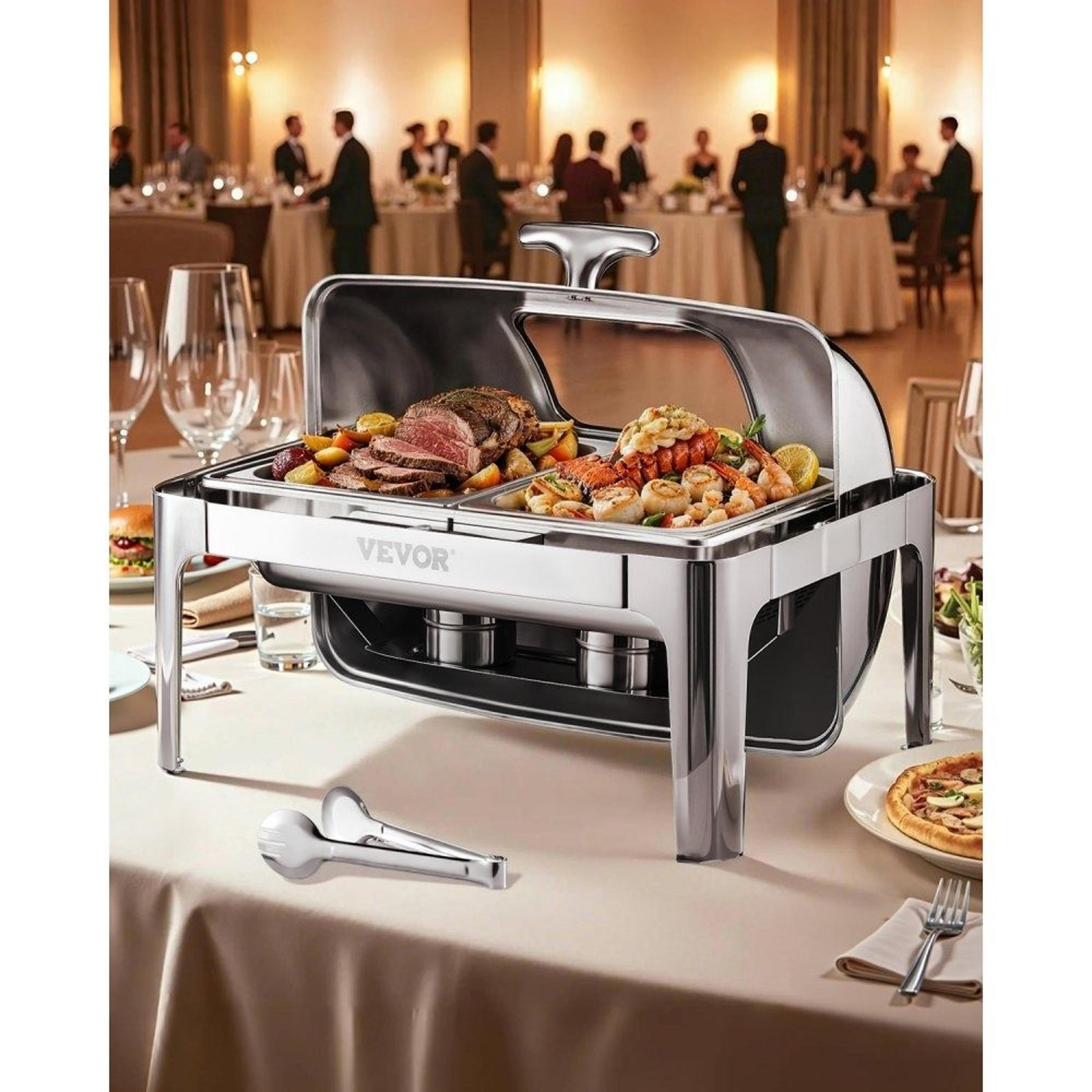Stainless Steel Roll Top Chafing Dish Buffet Warmer With 2 HalfSize Food Pans 6