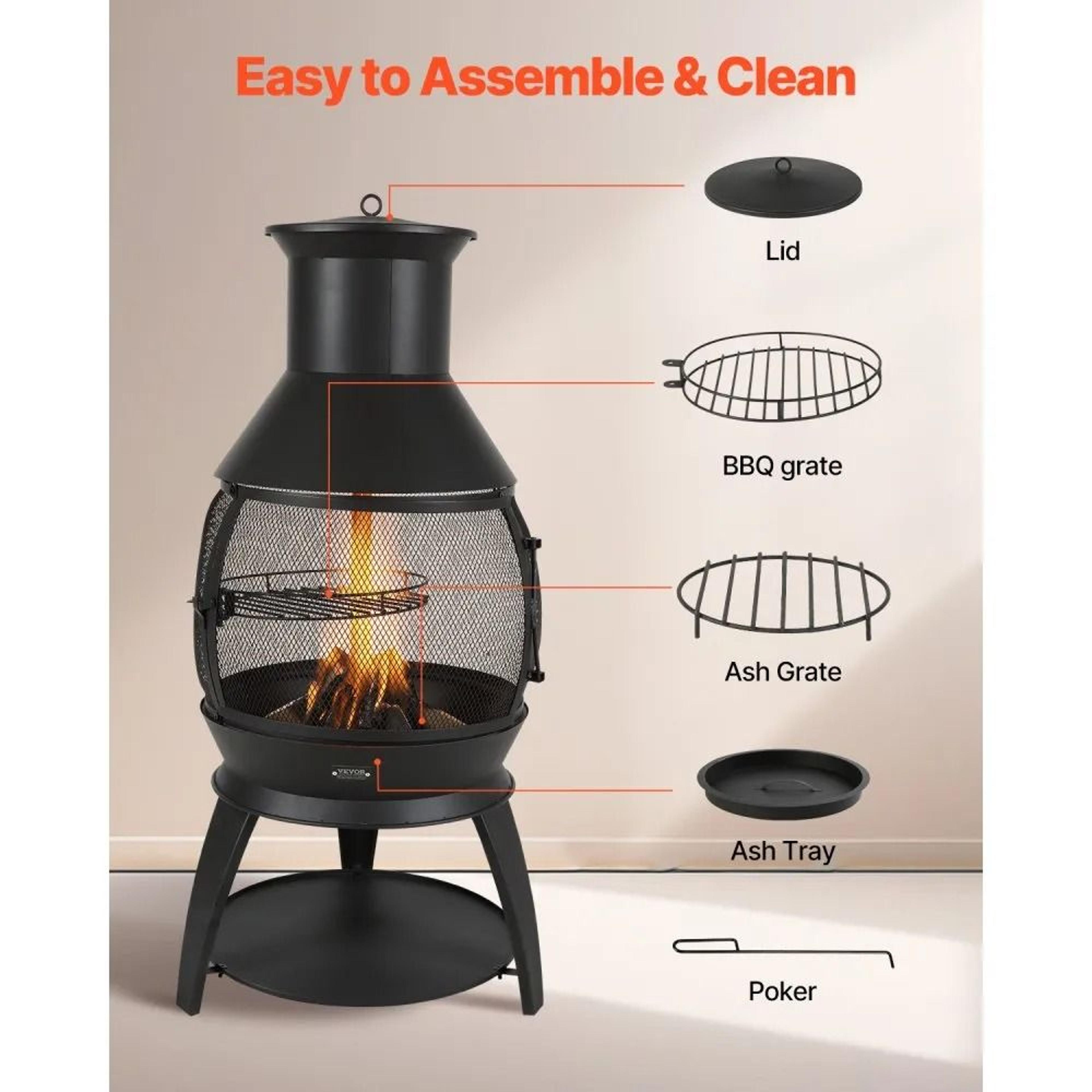 22 Inch Outdoor Wood Burning Chiminea Fire Pit With BBQ Grill And Protective Cover 5