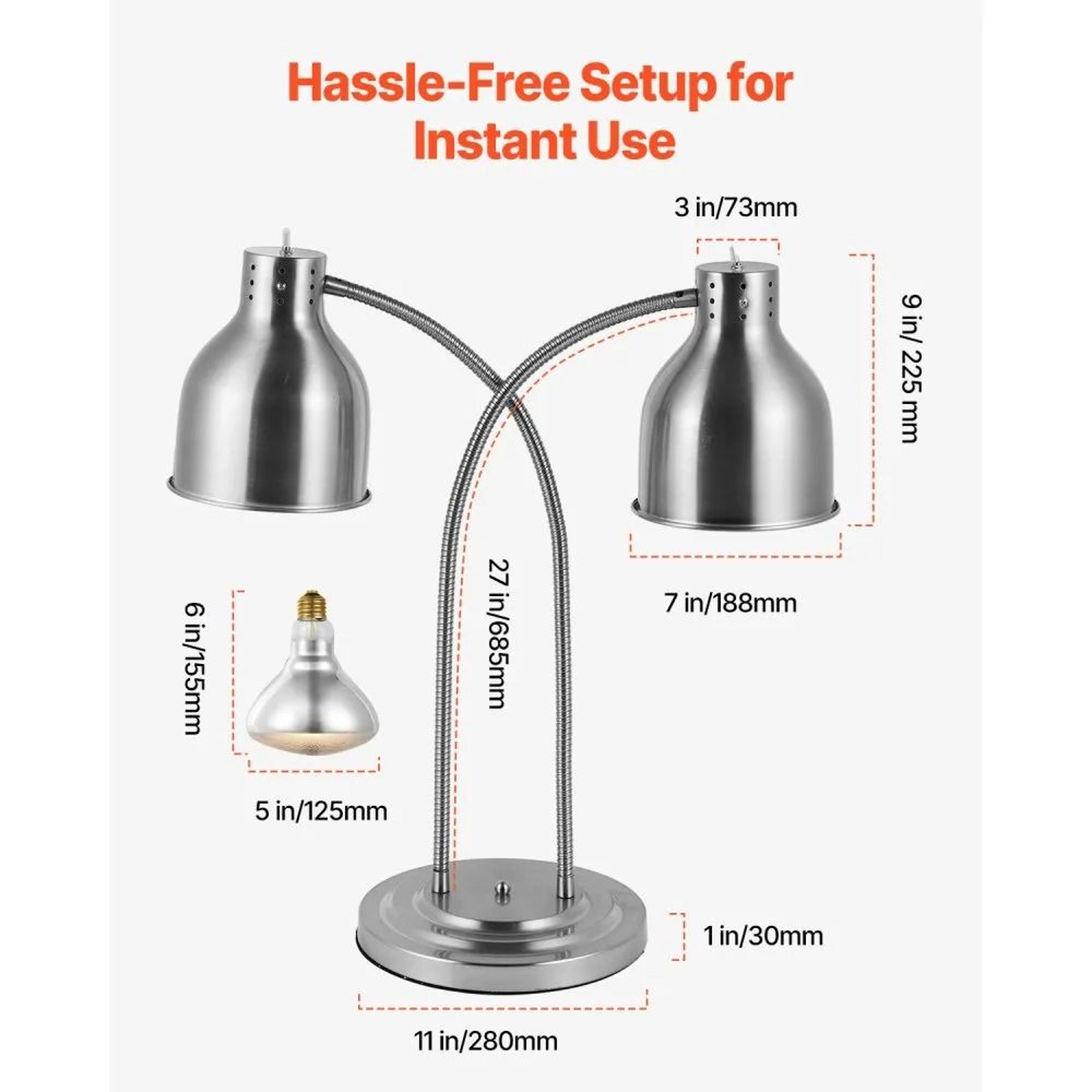 500W Commercial Food Heat Lamp With Dual Adjustable Heads And Stainless Steel Body 2
